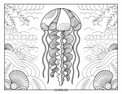 Quallen-Ausmalbild für Erwachsene: Eine Qualle mit abstrakten und organischen Mustern schwebt in einem Meer aus Wellen und Muscheln