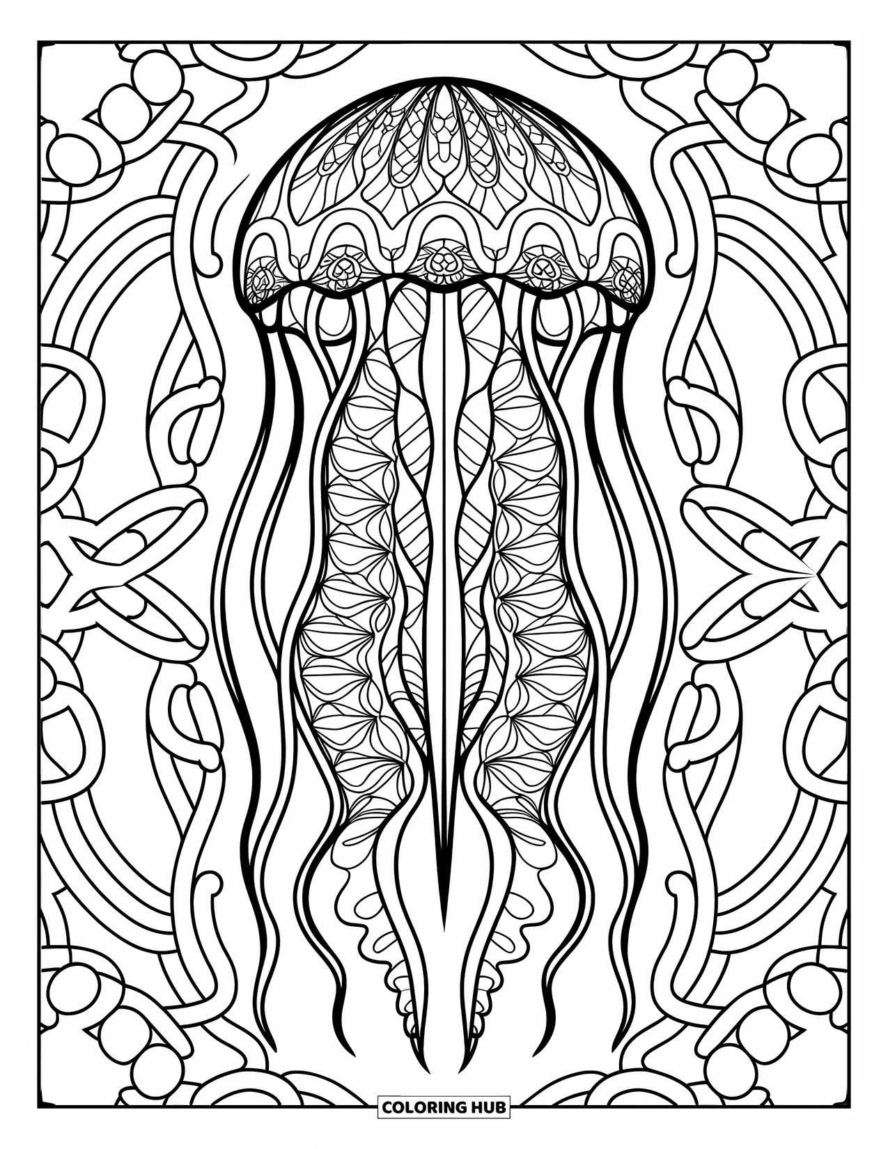 Desenho de água-viva para colorir para adultos: Uma água-viva com um design de corpo intrincado desliza através de um mar de padrões entrelaçados