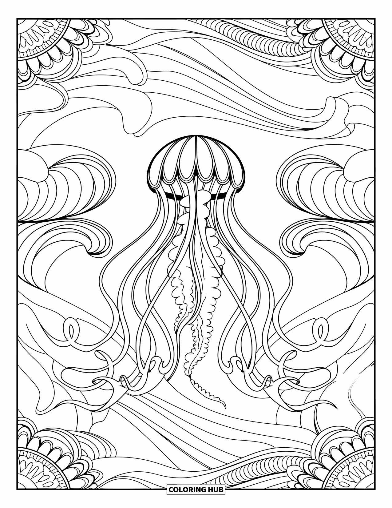 Desenho de água-viva para colorir para adultos: Uma água-viva com tentáculos artísticos flutua em um mar de ondas fluidas e elegantes