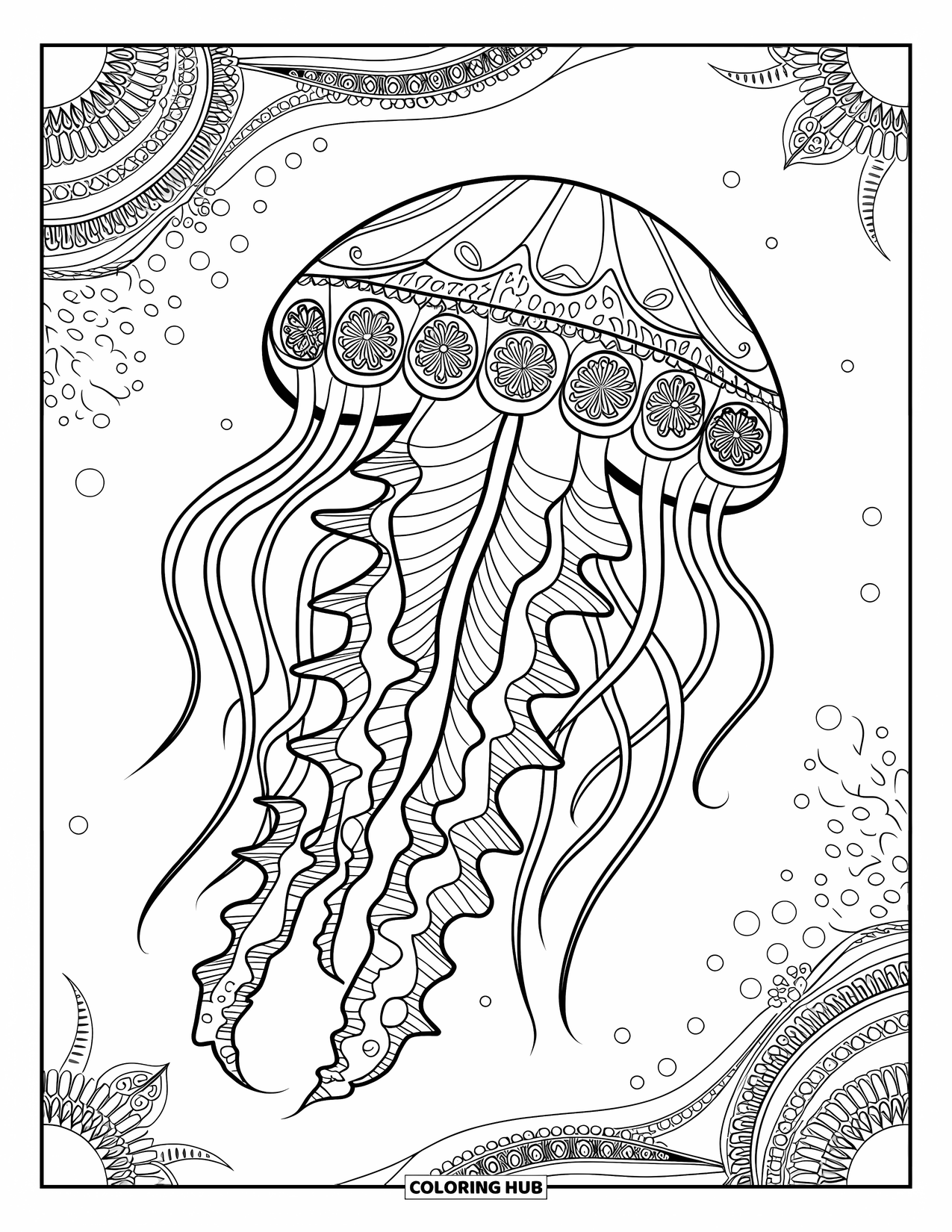 Desenho de água-viva para colorir para adultos: Uma água-viva com tentáculos decorativos flutua por uma cena oceânica texturizada