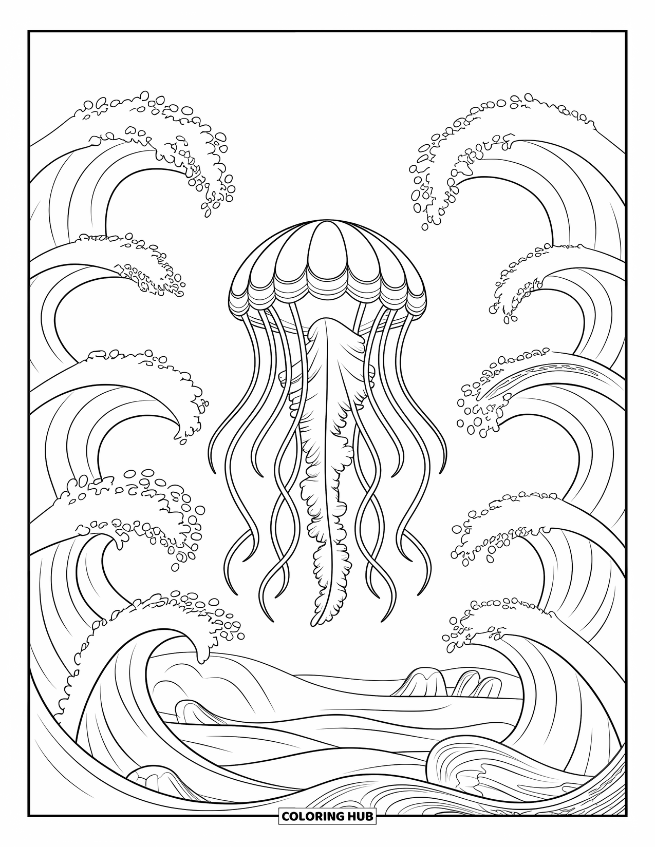Desenho de água-viva para colorir para adultos: Uma água-viva com tentáculos delicados e fluidos se move através de uma cena oceânica serena e decorativa