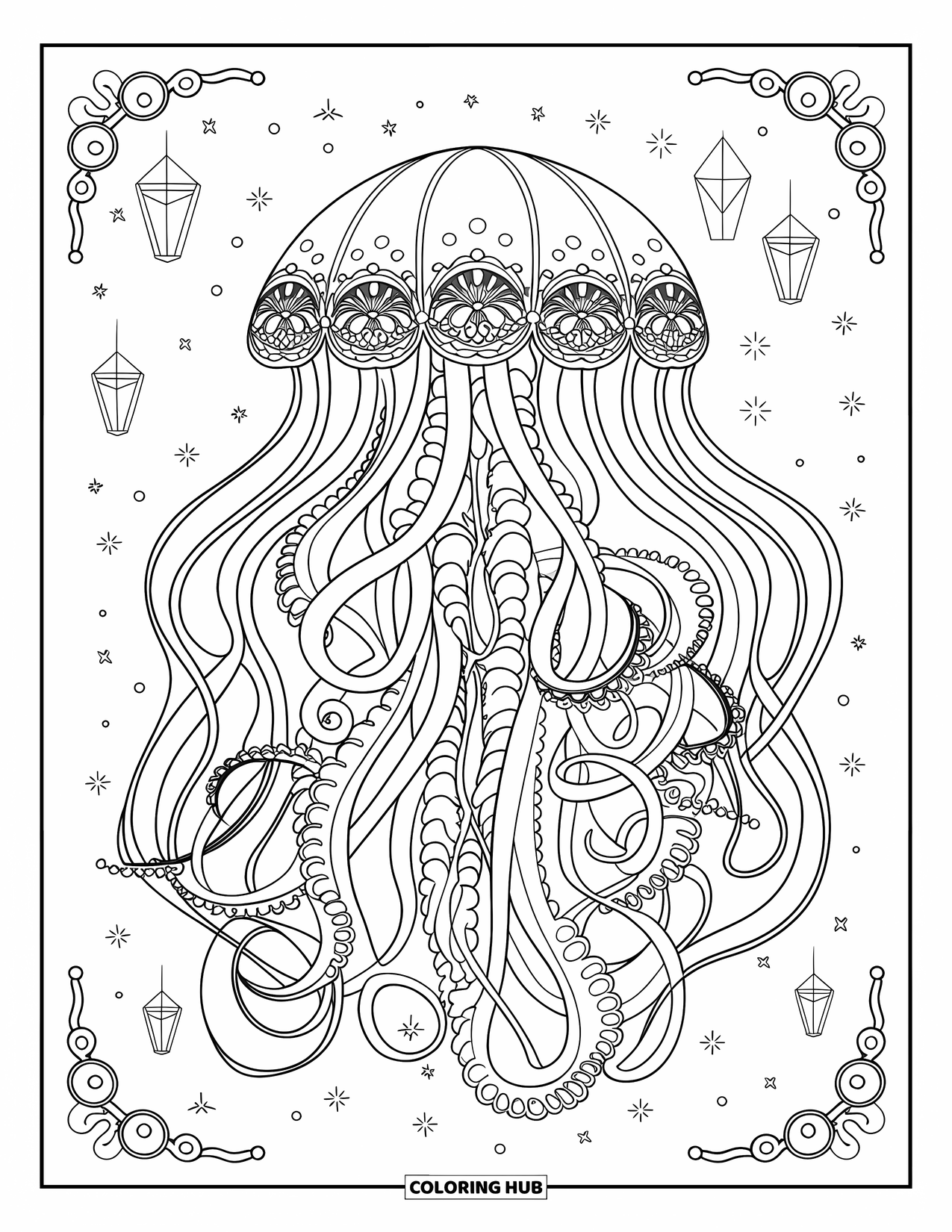 Desenho de água-viva para colorir para adultos: Uma água-viva com intrincados padrões de filigrana desliza sob um céu estrelado com lanternas flutuantes