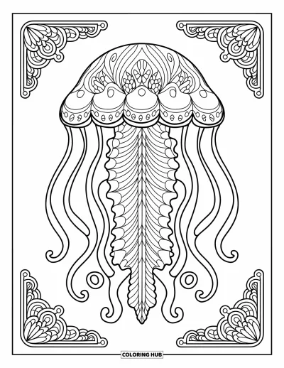 Quallen-Ausmalbild für Erwachsene: Eine Qualle mit filigranen Mandala-Mustern schwebt in einem Meer aus wirbelnden Designs