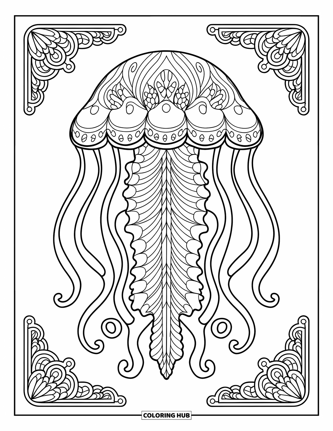 Desenho de água-viva para colorir para adultos: Uma água-viva com intrincados padrões de mandala flutua em um mar de designs ondulantes
