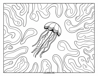 Quallen-Ausmalbild für Erwachsene: Eine Qualle mit langen, fließenden Tentakeln schwimmt durch eine Welt aus filigranem Seegras
