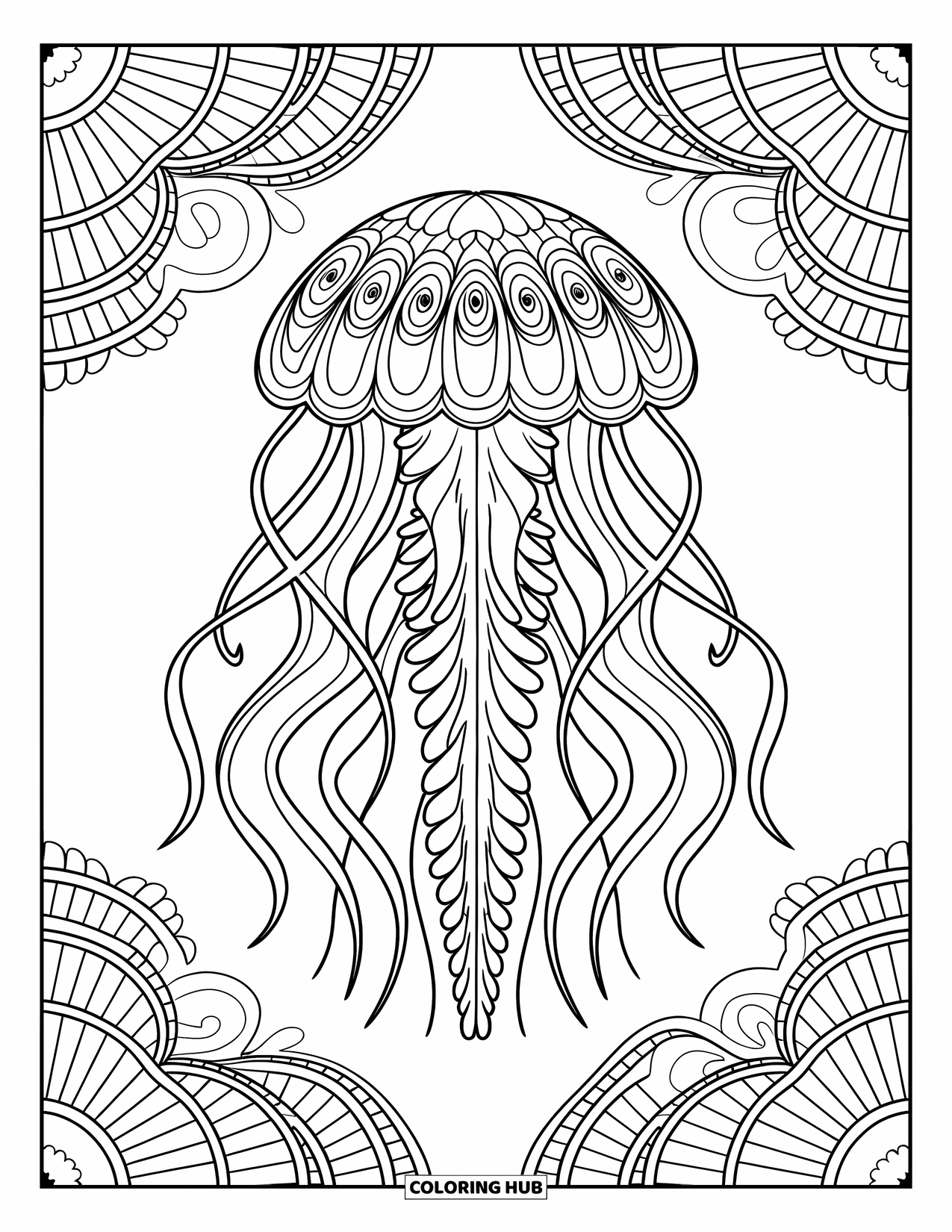 Desenho de água-viva para colorir para adultos: Uma água-viva com curvas ornamentais e formas geométricas flutua entre ondas oceânicas suaves