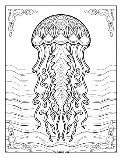Quallen-Ausmalbild für Erwachsene: Eine Qualle mit von heiliger Geometrie inspirierten Mustern schwebt in einem ruhigen Ozean