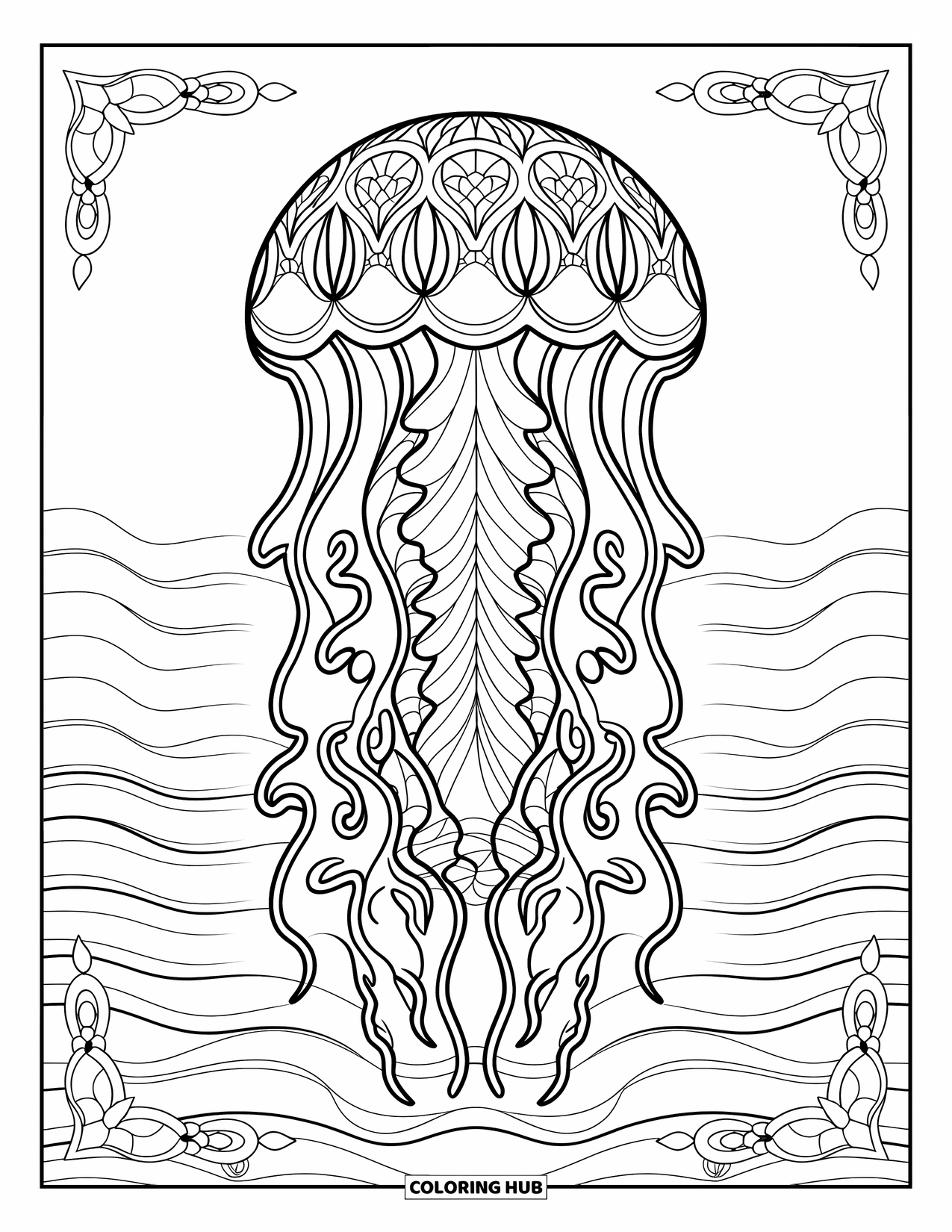 Desenho de água-viva para colorir para adultos: Uma água-viva com padrões inspirados na geometria sagrada flutua em um oceano tranquilo