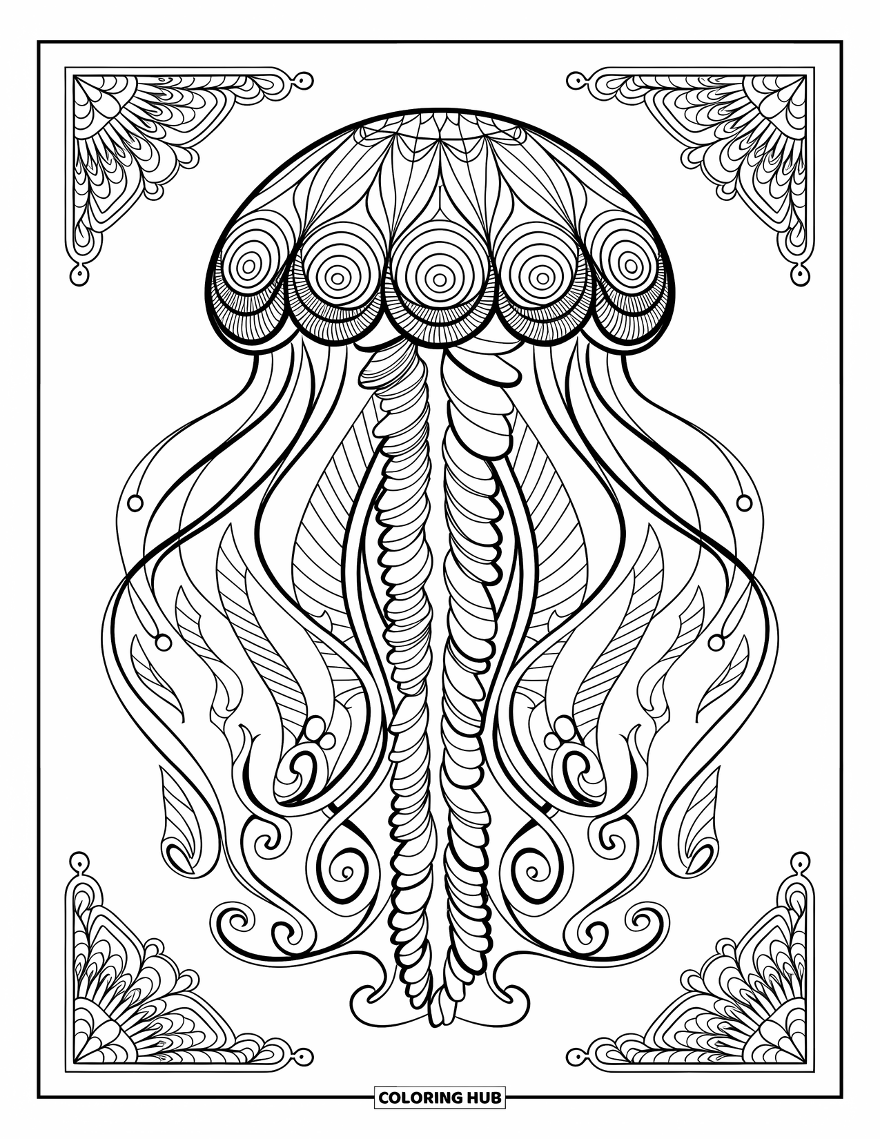 Desenho de água-viva para colorir para adultos: Uma água-viva com designs ondulantes inspirados em mandalas preenche uma cena subaquática calmante