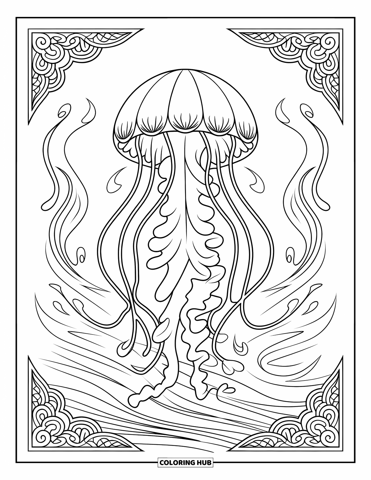 Desenho de água-viva para colorir para adultos: Uma água-viva com tentáculos ondulantes flutua entre ondas oceânicas intrincadas e sinuosas