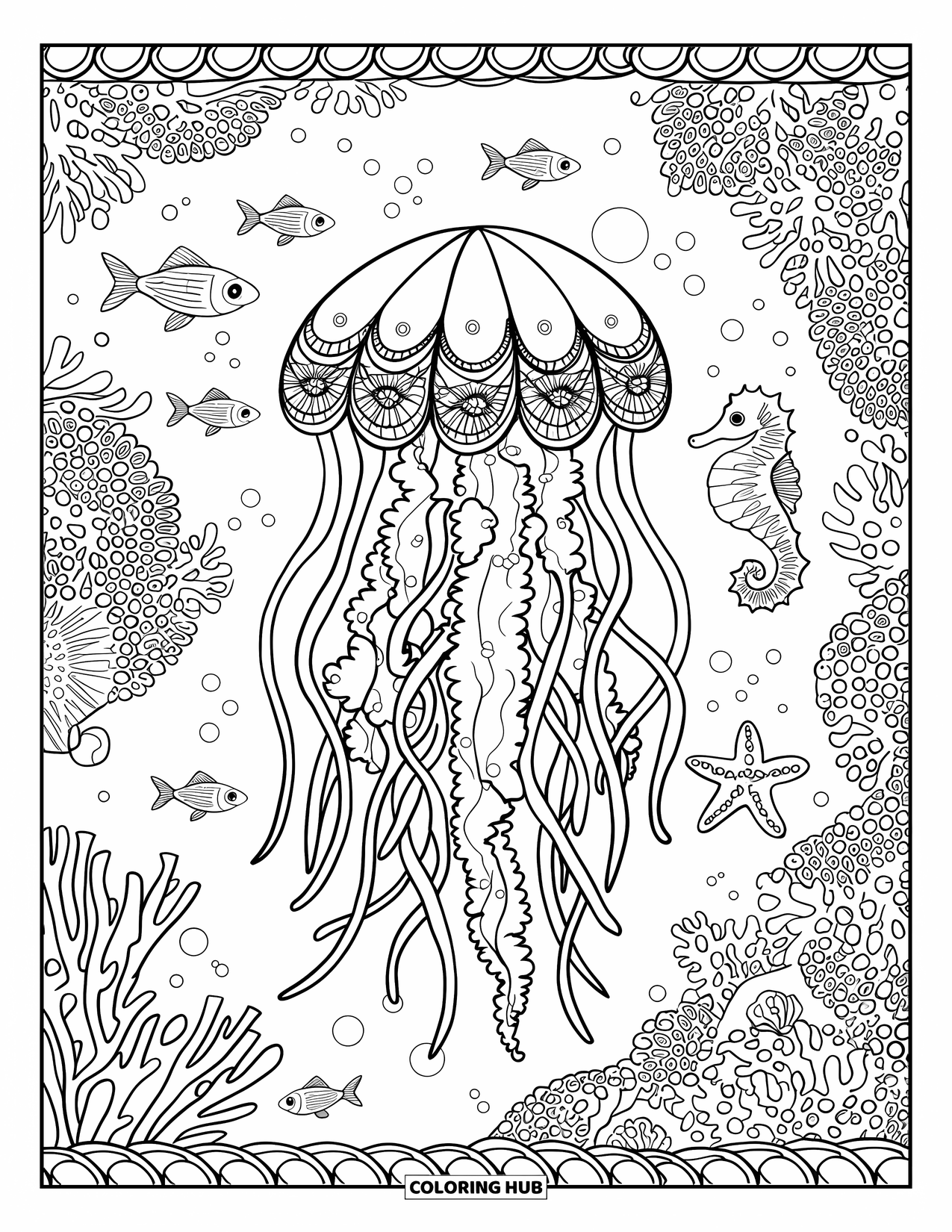 Desenho de água-viva para colorir para adultos: Uma água-viva com tentáculos ondulantes se move através de um recife de coral cheio de criaturas marinhas