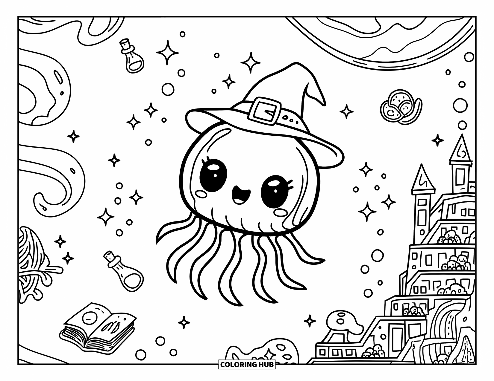 Desenho de água-viva para colorir para adultos: Um mago água-viva com um pequeno livro de feitiços flutua através de um oceano místico de estrelas cintilantes