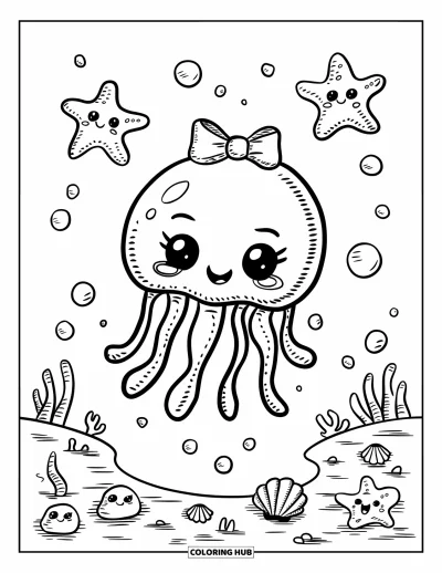 Quallen-Ausmalbild für Erwachsene: Eine Qualle im Kawaii-Stil mit winziger Schleife treibt zwischen fröhlichen Seesternen und zarten Muscheln
