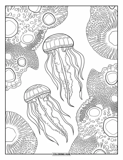 Quallen-Ausmalbild für Erwachsene: Ein Quallenpaar mit filigranen Designs schwebt durch ein Unterwasserlabyrinth aus Korallen