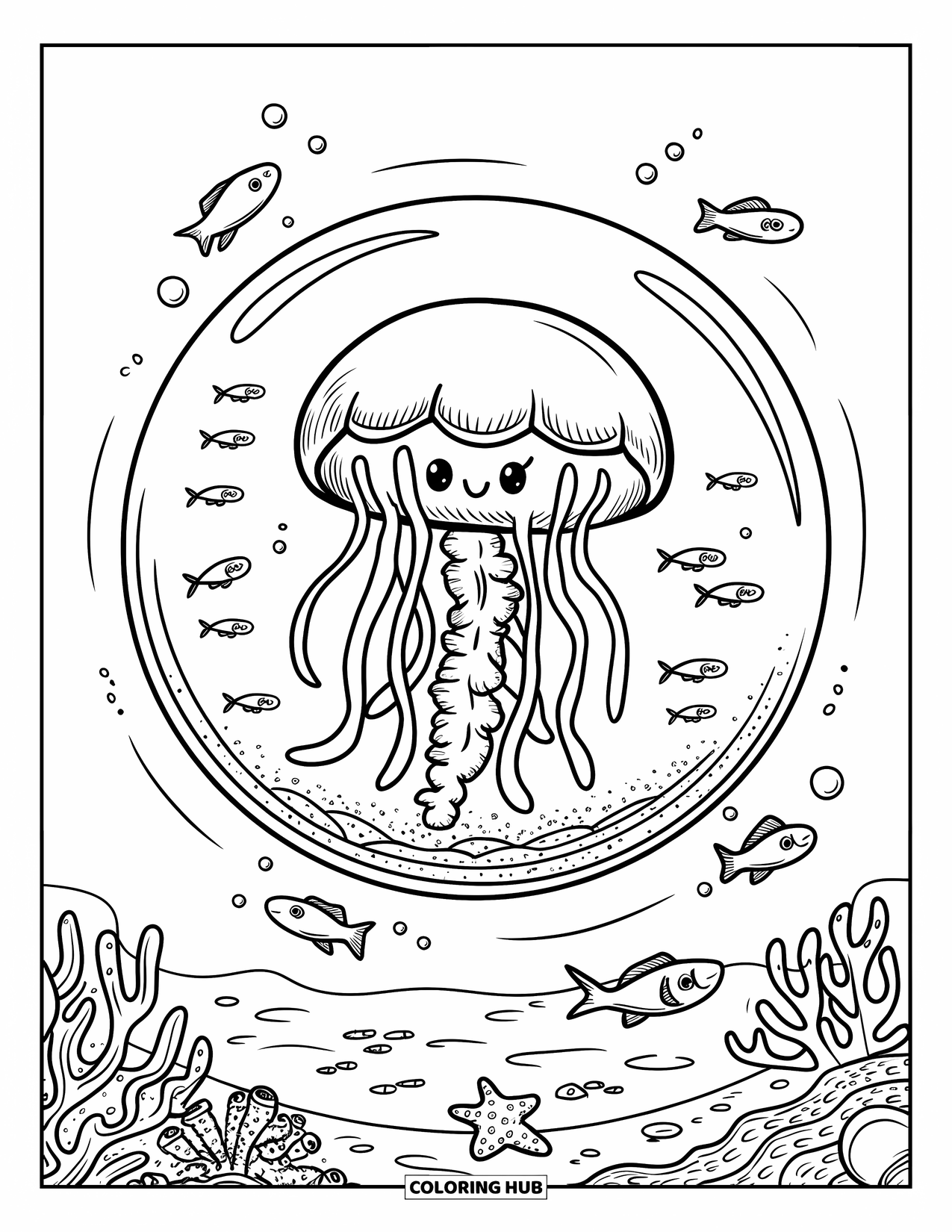 Desenho de água-viva para colorir para adultos: Uma água-viva redonda em uma bolha flutua em direção à superfície, cercada por peixes curiosos