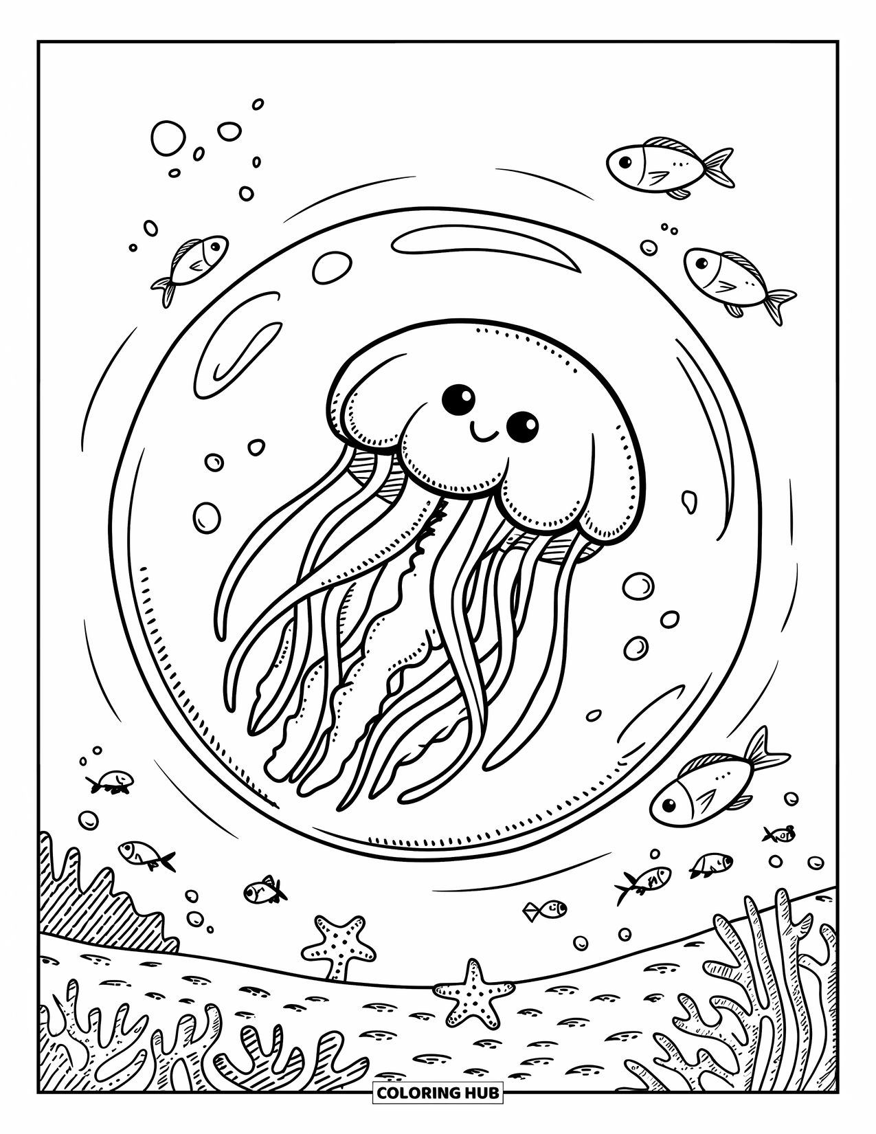 Desenho de água-viva para colorir para adultos: Uma água-viva sorridente flutua para cima em uma bolha, enquanto estrelas-do-mar e corais decoram o fundo do mar