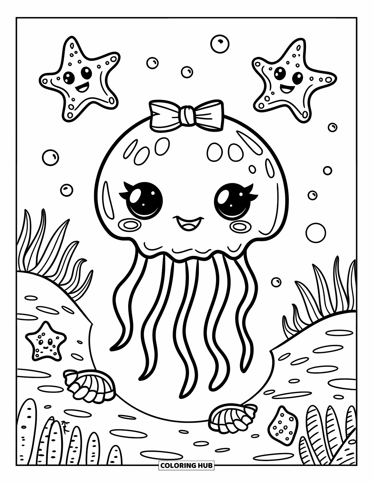 Desenho de água-viva para colorir para adultos: Uma pequena água-viva doce com um laço desfruta de uma cena oceânica pacífica com estrelas-do-mar