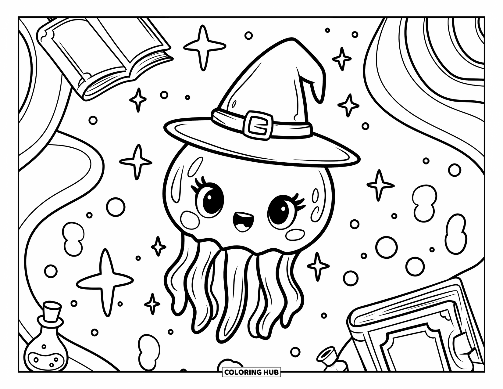 Desenho de água-viva para colorir para adultos: Uma pequena água-viva mágica, vestida como um mago, lança feitiços em um mundo subaquático encantado