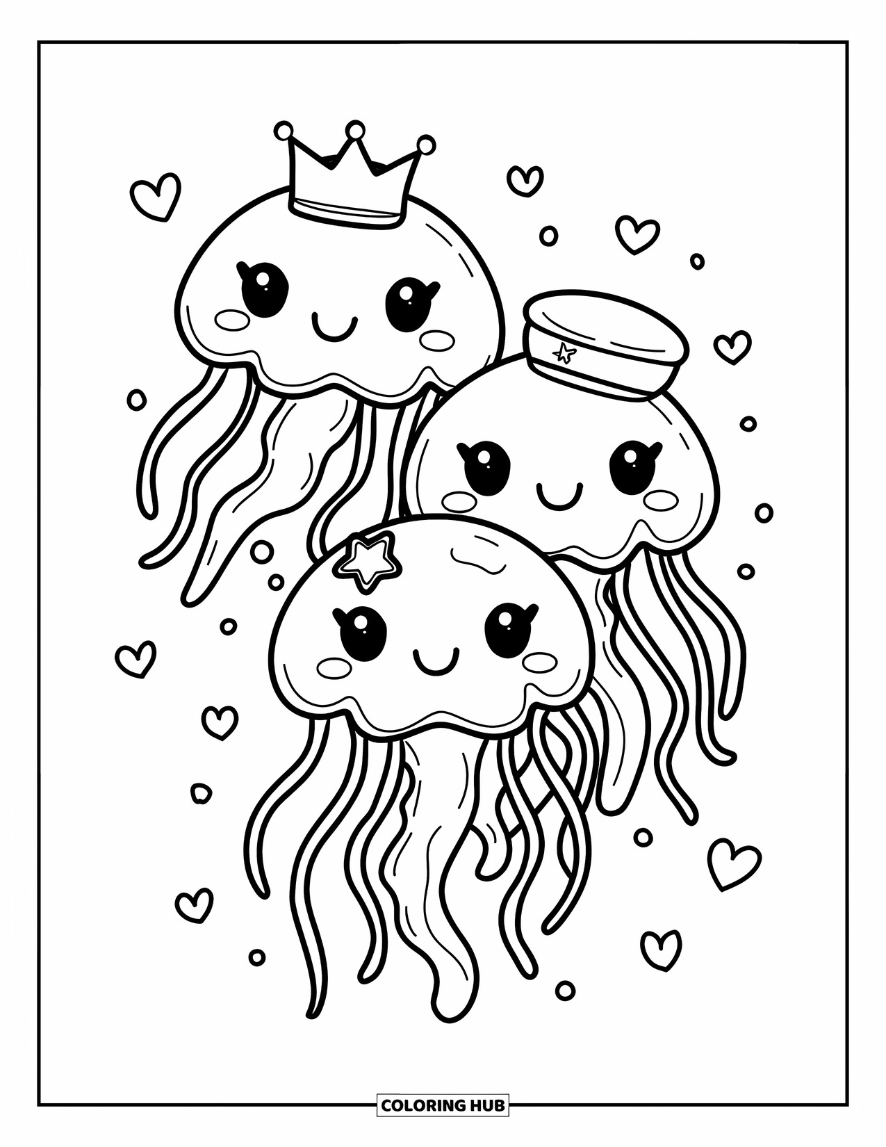 Desenho de água-viva para colorir para adultos: Um trio de amigas águas-vivas flutua pelo mar, cercado por bolhas em forma de coração
