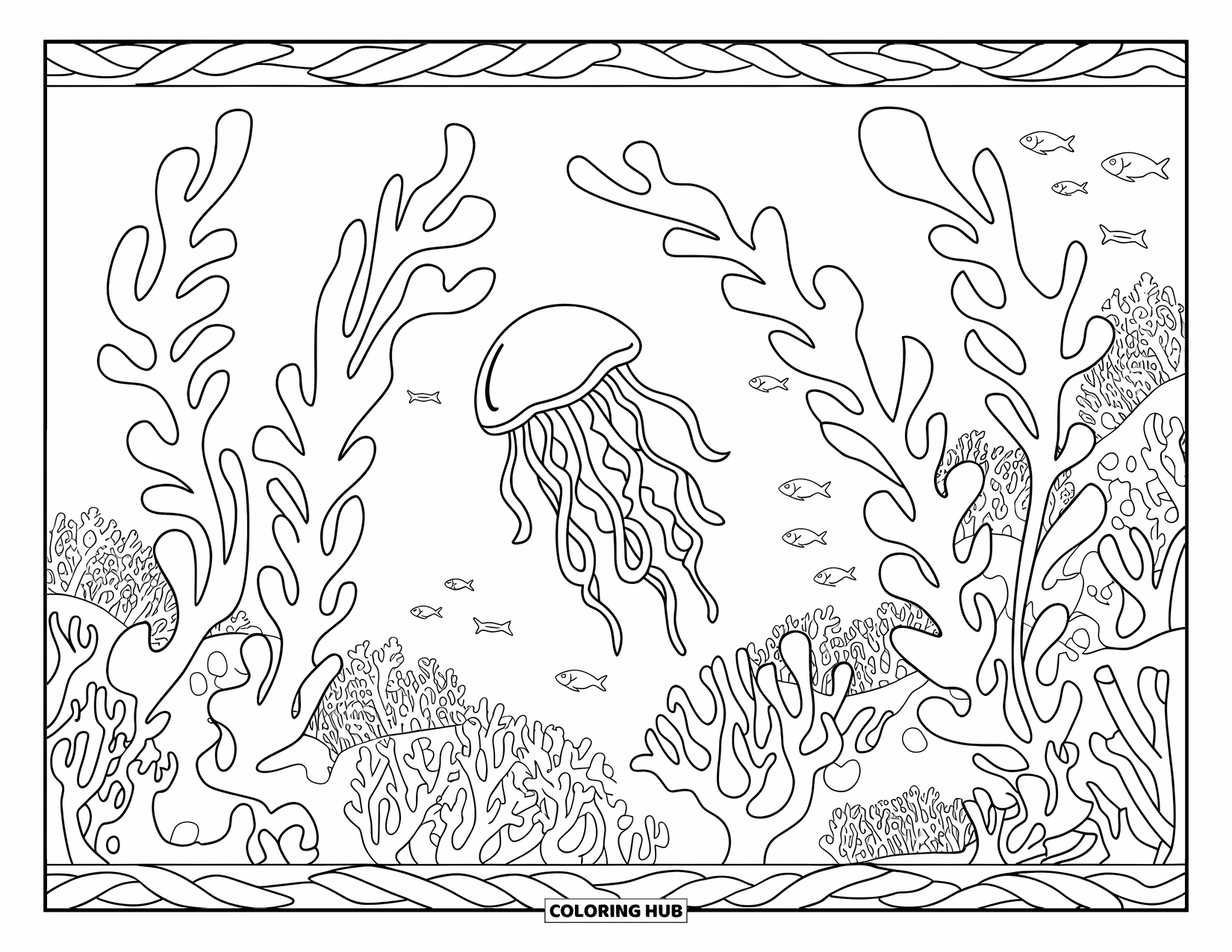 Desenho de água-viva para colorir para adultos: Uma água-viva elegante flutua por um recife de coral, cercada por peixes e plantas marinhas detalhadas