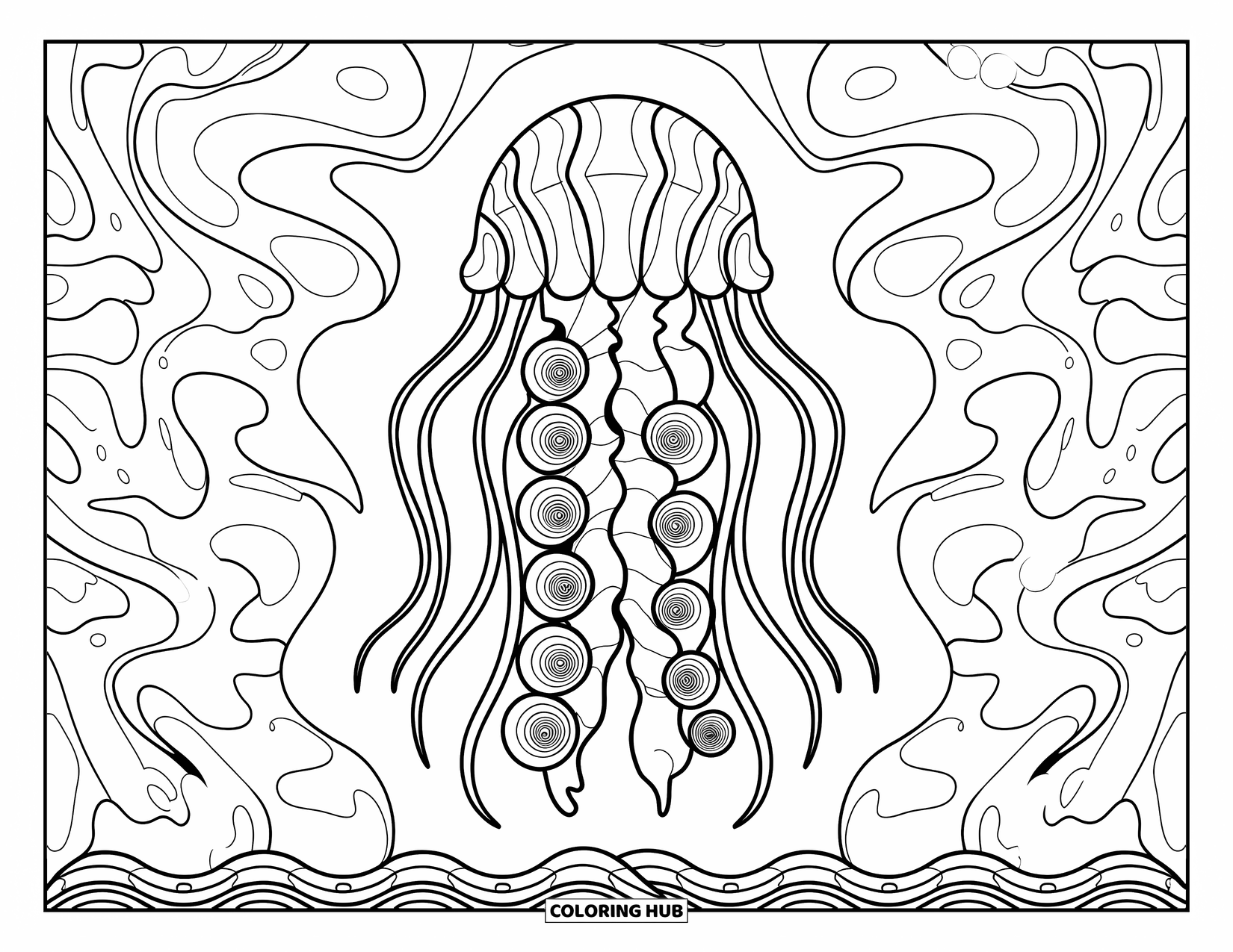 Desenho de água-viva para colorir para adultos: Uma água-viva com padrões intrincados flutua em correntes oceânicas ondulantes com bordas decorativas