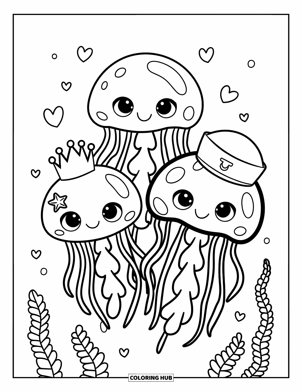 Desenho de água-viva para colorir para adultos: Amigas águas-vivas com acessórios adoráveis nadam alegremente, envoltas em algas marinhas encaracoladas