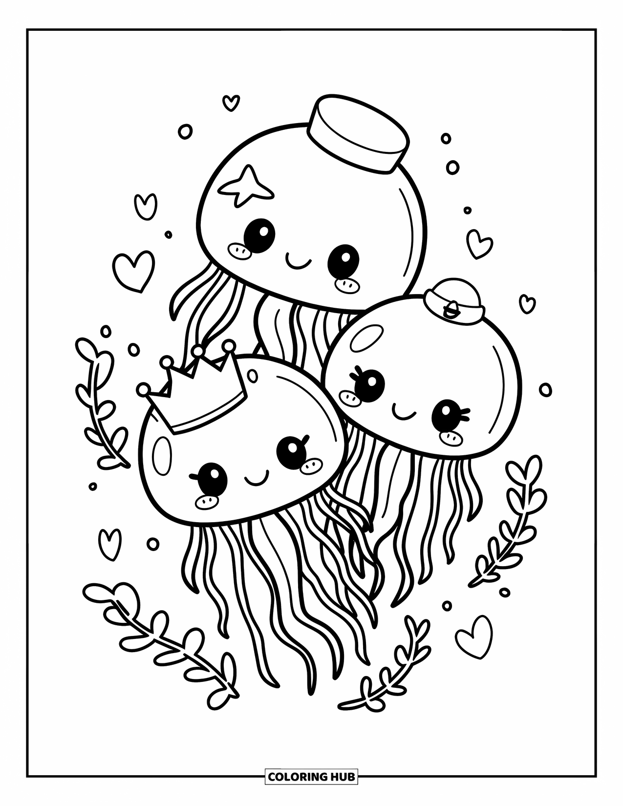 Desenho de água-viva para colorir para adultos: Três águas-vivas felizes com acessórios divertidos flutuam juntas em um mar de pequenos corações
