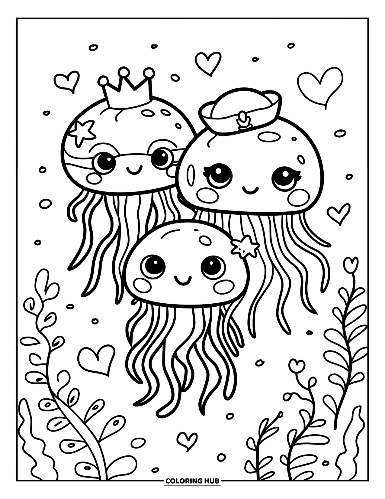 Desenho de água-viva para colorir para adultos: Três amigas águas-vivas flutuam juntas, cada uma usando uma coroa fofa, um prendedor de estrela ou um chapéu de marinheiro
