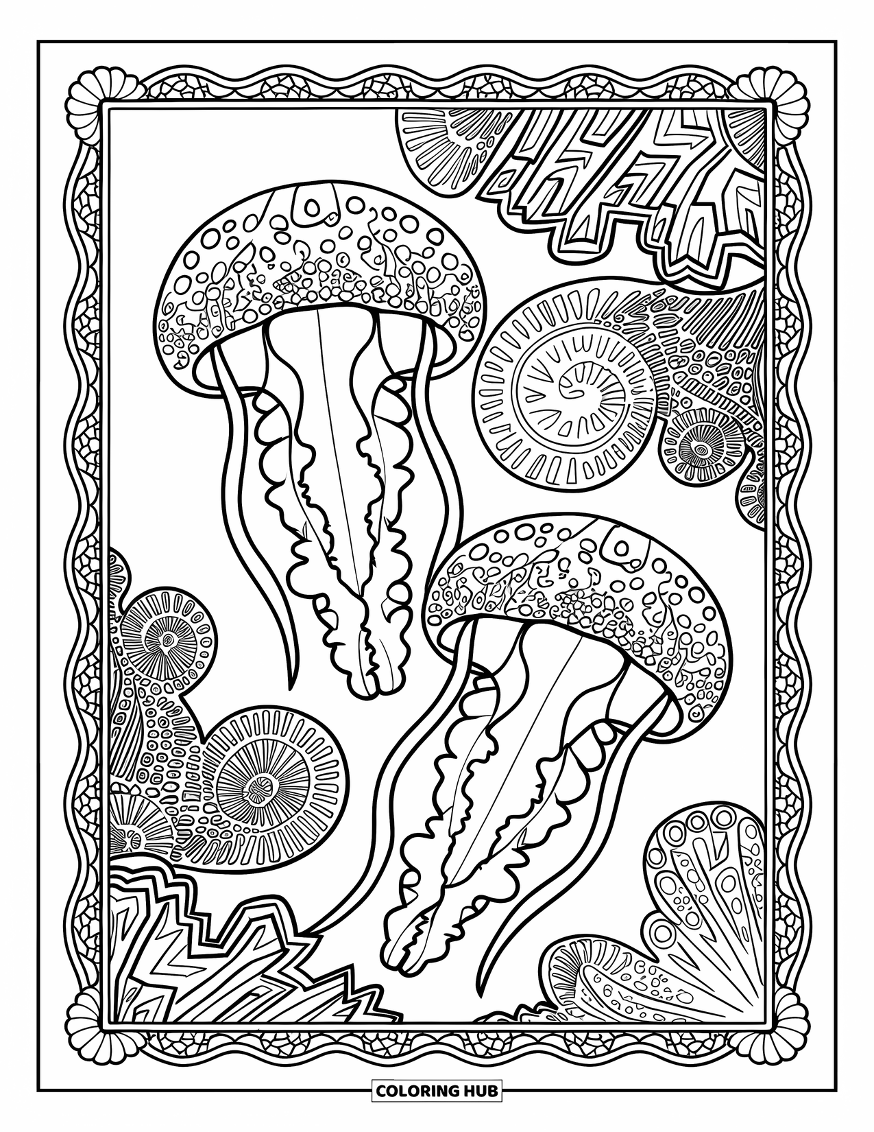 Desenho de água-viva para colorir para adultos: Duas águas-vivas com corpos decorativos nadam através de um oceano de diversas formas de corais