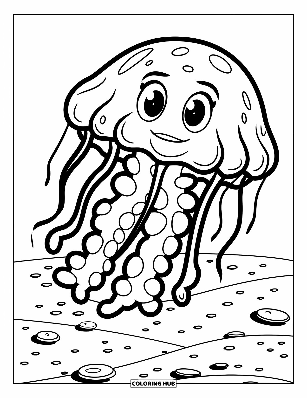 Desenho de água-viva para colorir para crianças: Uma água-viva de desenho animado com um rosto feliz flutua acima de um fundo arenoso do oceano