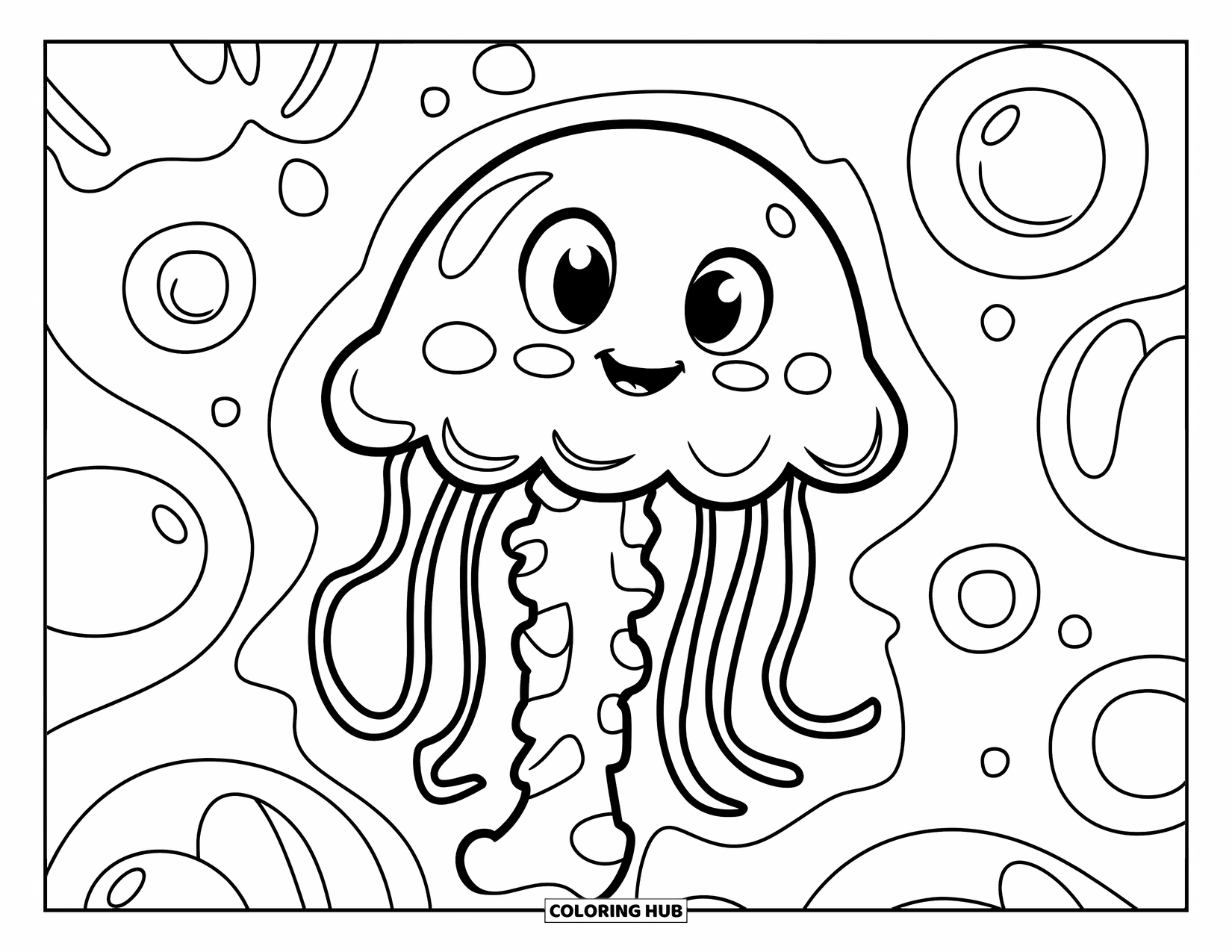 Desenho de água-viva para colorir para crianças: Uma água-viva alegre com um corpo redondo e bolhas flutua na água