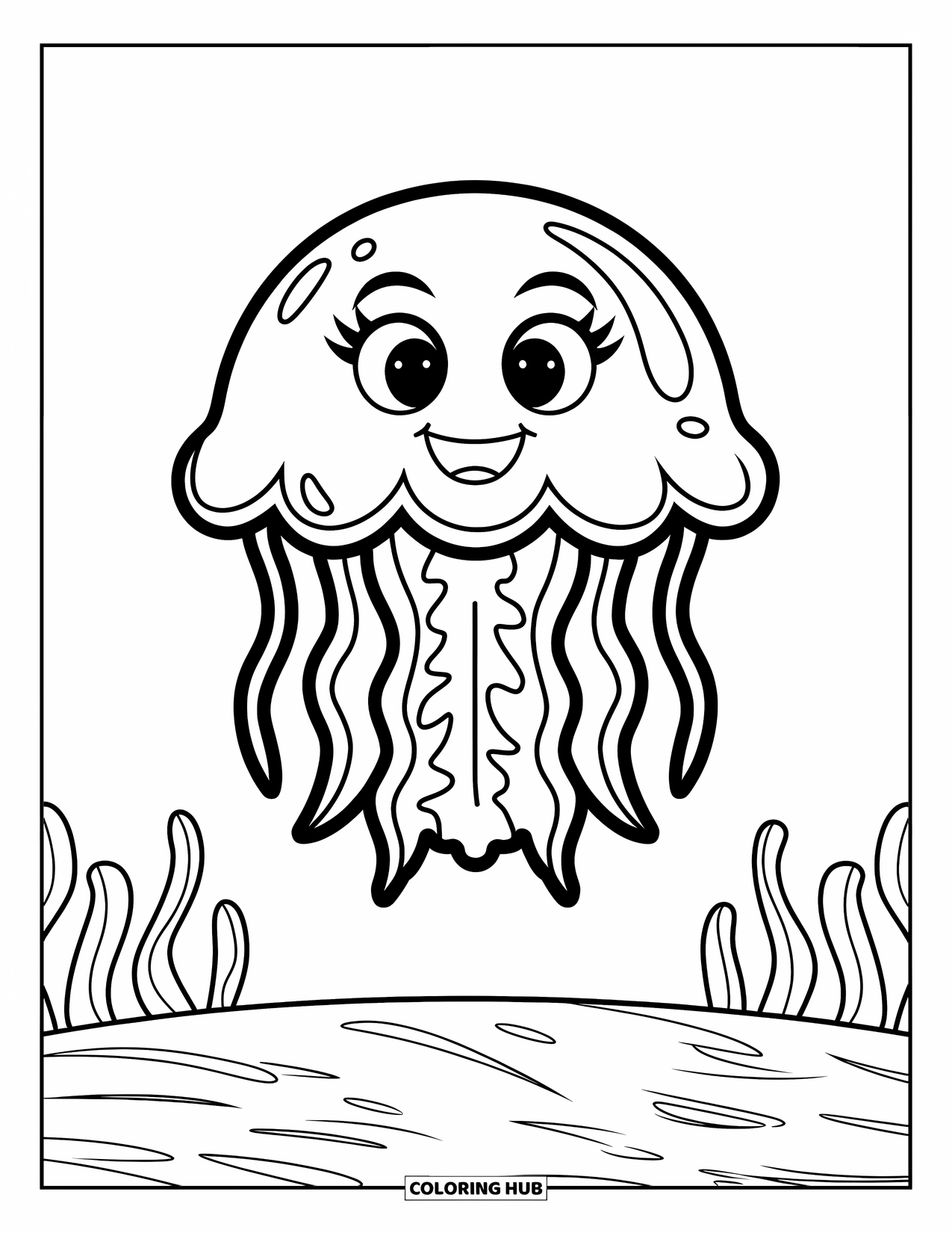 Desenho de água-viva para colorir para crianças: Uma água-viva alegre com um rosto redondo e linhas marcantes flutua acima do fundo do oceano