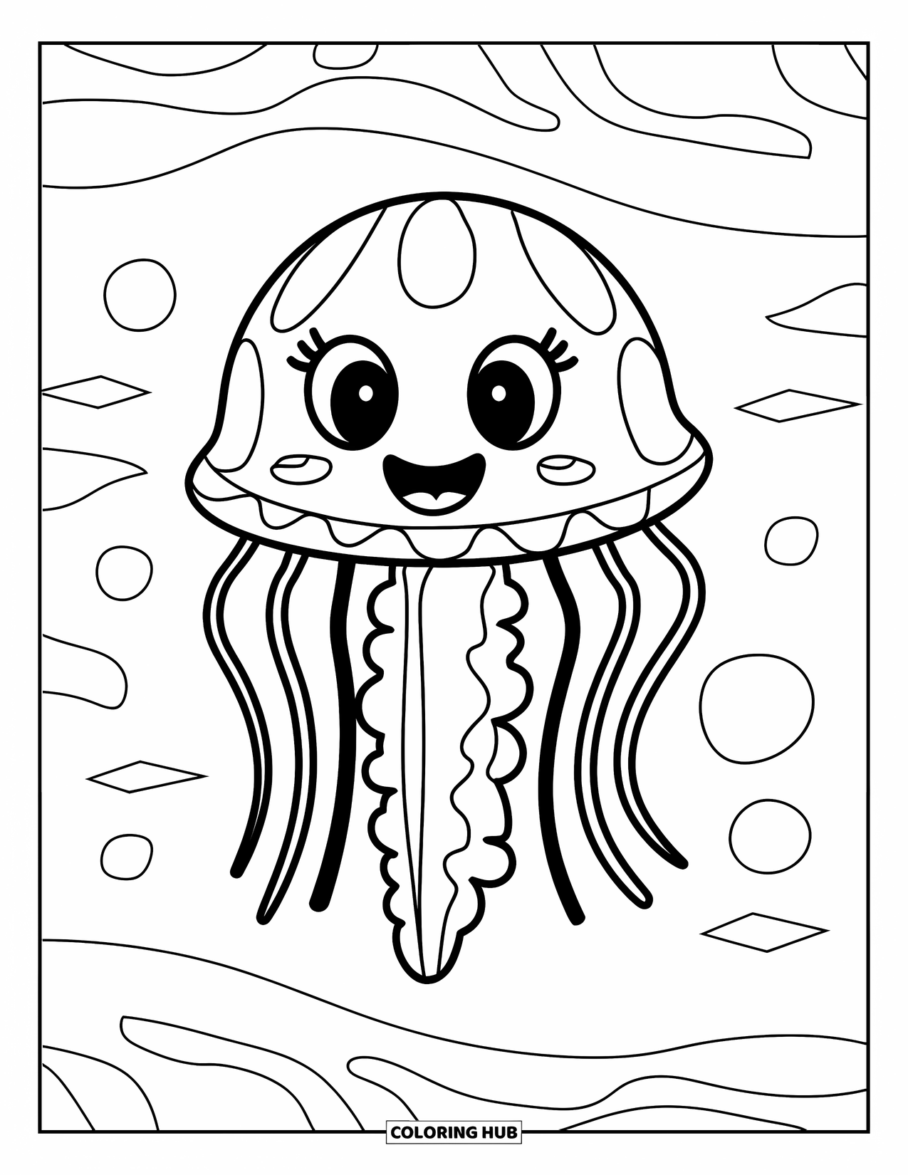 Desenho de água-viva para colorir para crianças: Uma água-viva alegre com um sorriso largo e contornos marcantes balança nas ondas
