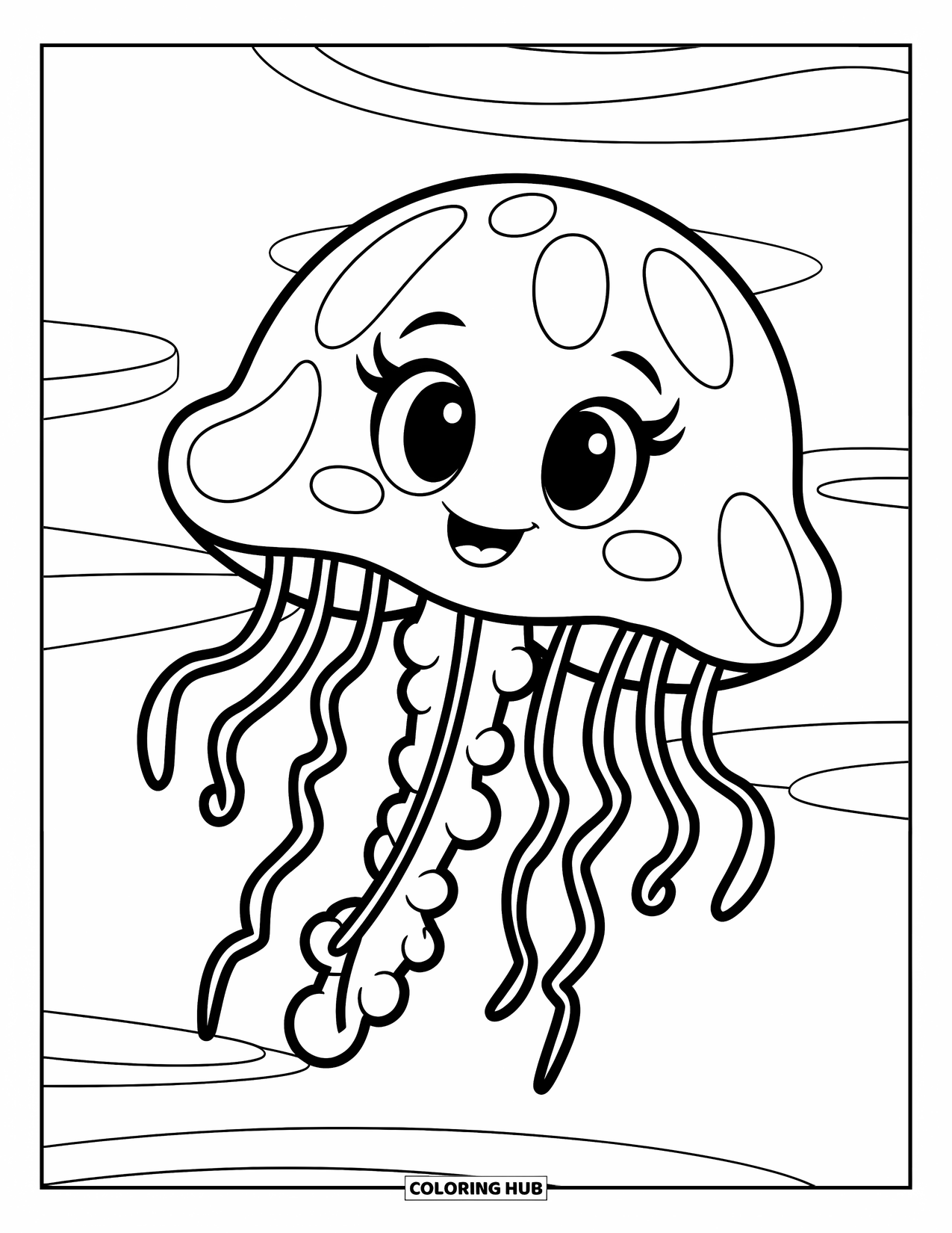 Desenho de água-viva para colorir para crianças: Uma água-viva fofa com um rosto feliz flutua em ondas de água suaves