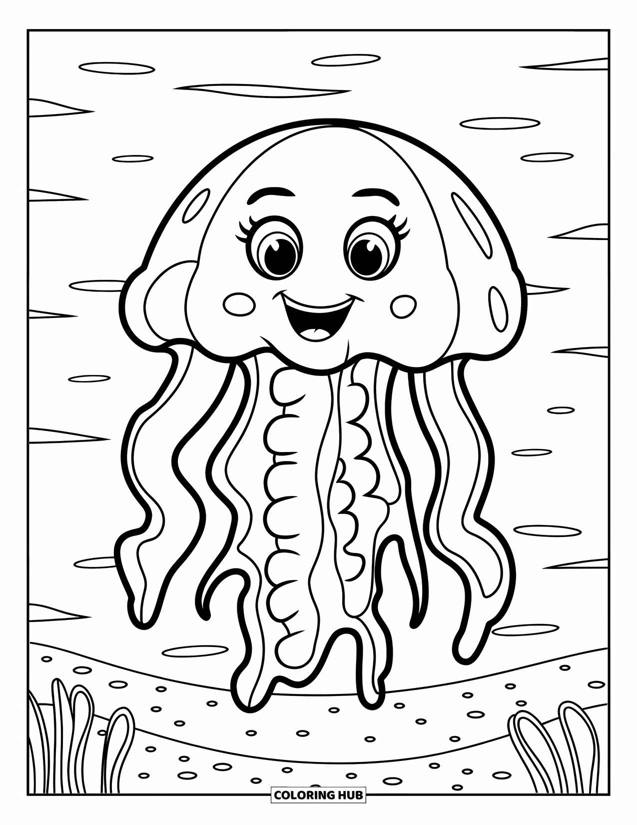 Desenho de água-viva para colorir para crianças: Uma água-viva fofa com contornos marcantes nada acima de um mar calmo com ondas suaves