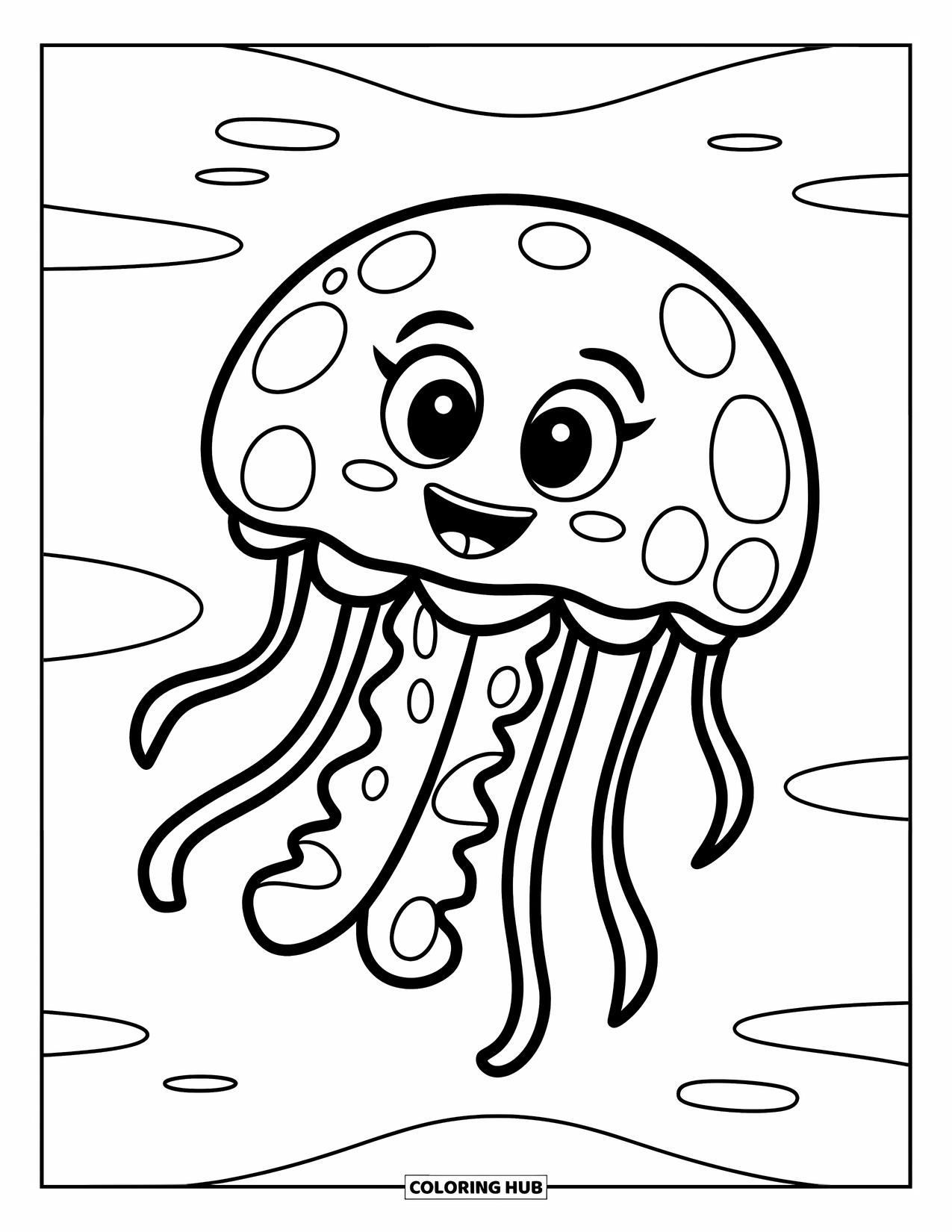 Desenho de água-viva para colorir para crianças: Uma água-viva amigável com olhos grandes e tentáculos brincalhões flutua através da água