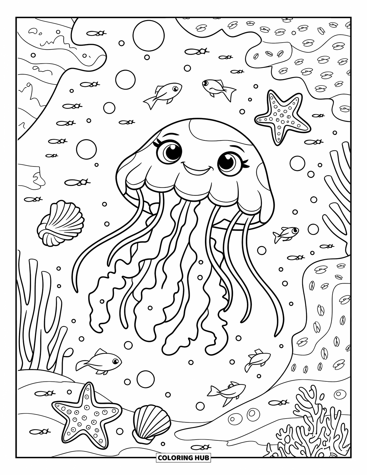 Desenho de água-viva para colorir para crianças: Uma água-viva feliz flutua na água, cercada por estrelas-do-mar, conchas e bolhas