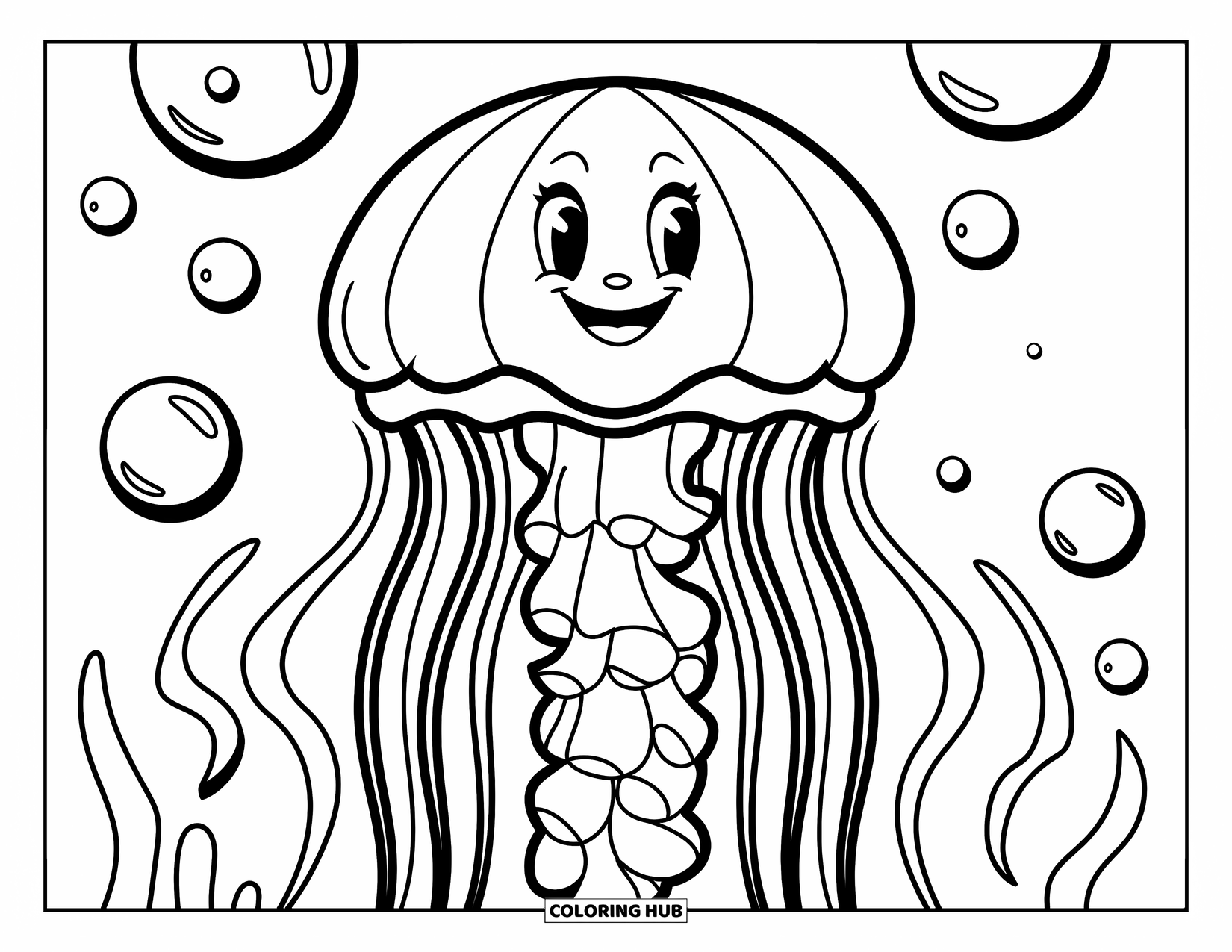 Desenho de água-viva para colorir para crianças: Uma água-viva feliz com contornos grossos e bolhas flutuantes em uma cena divertida