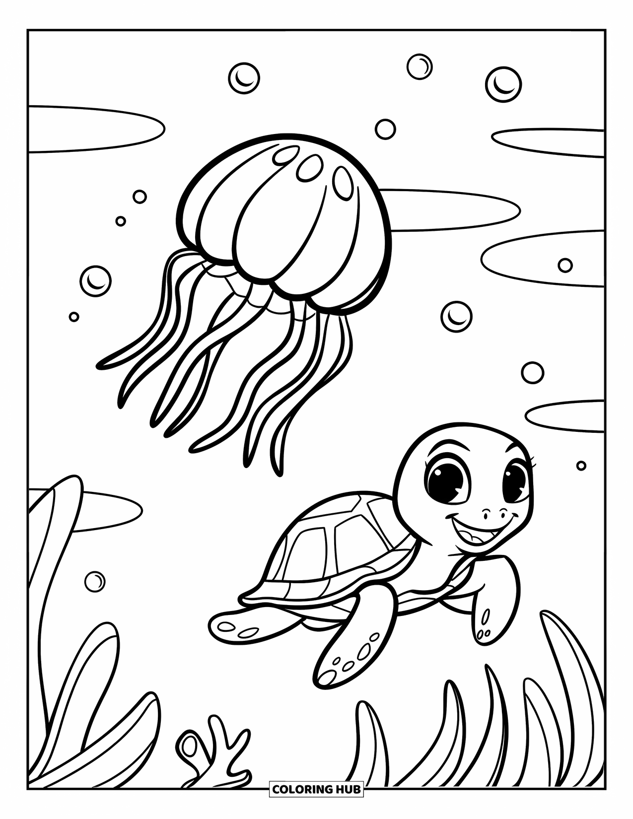 Desenho de água-viva para colorir para crianças: Uma água-viva e uma tartaruga flutuam juntas em águas calmas, cercadas por ondulações suaves