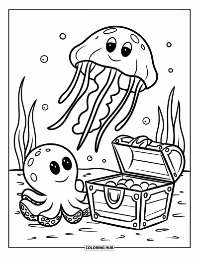 Quallen-Ausmalbild für Kinder: Eine Qualle und ein Oktopus sind nahe einer versunkenen Schatztruhe, während Seegras sanft schwingt
