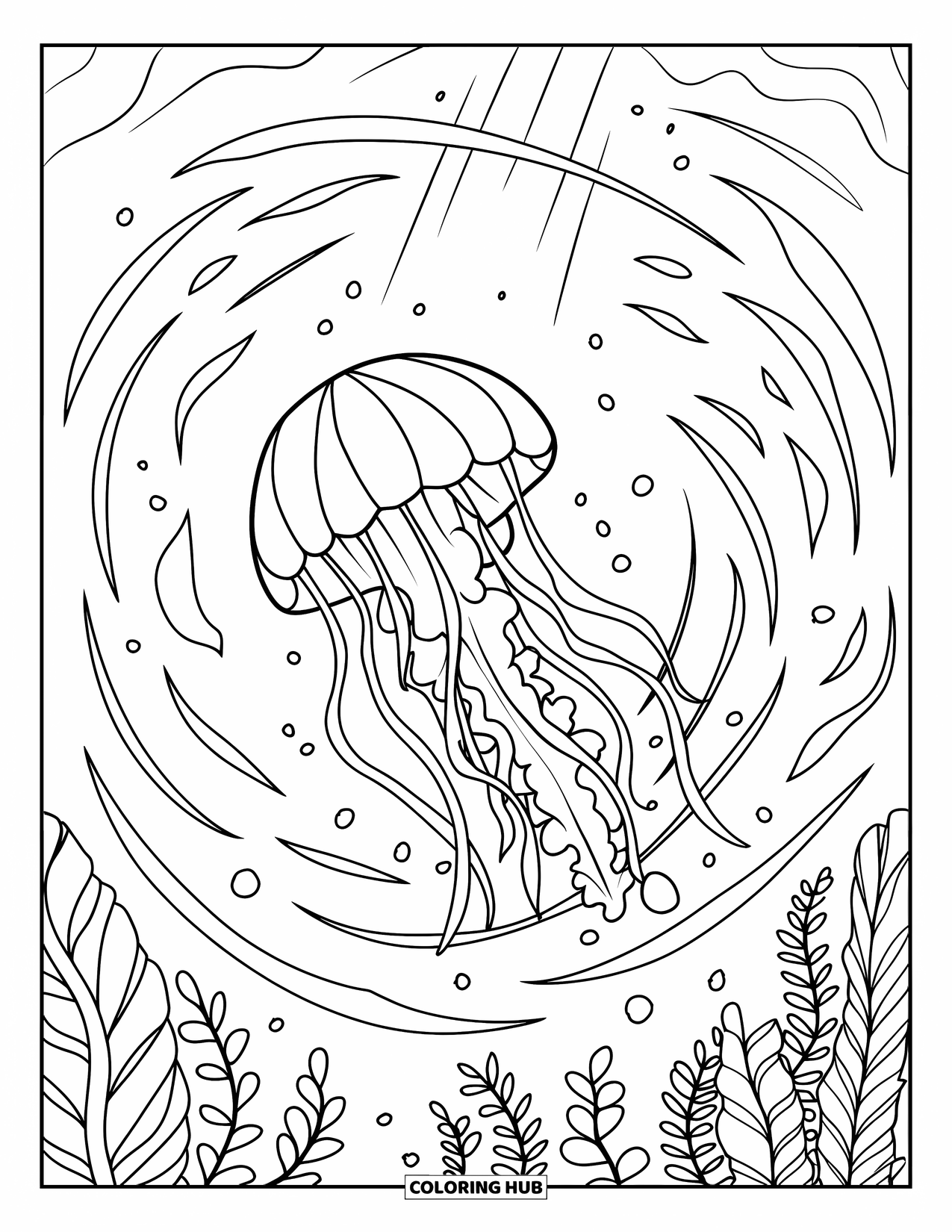 Desenho de água-viva para colorir para crianças: Uma água-viva flutua em uma corrente forte, cercada por algas dançantes e raios brilhantes