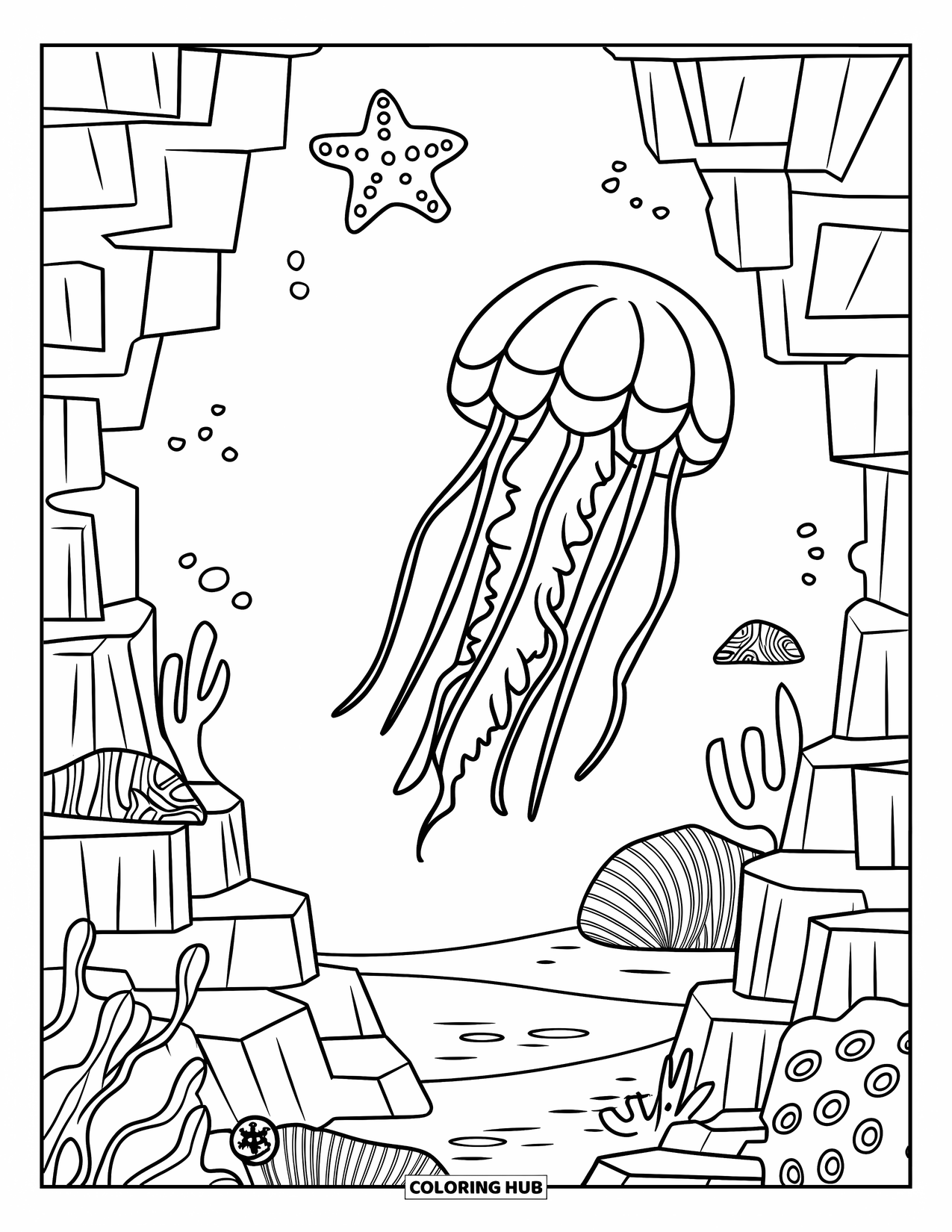 Desenho de água-viva para colorir para crianças: Uma água-viva flutua em um cânion subaquático, cercada por corais, estrelas-do-mar e criaturas marinhas