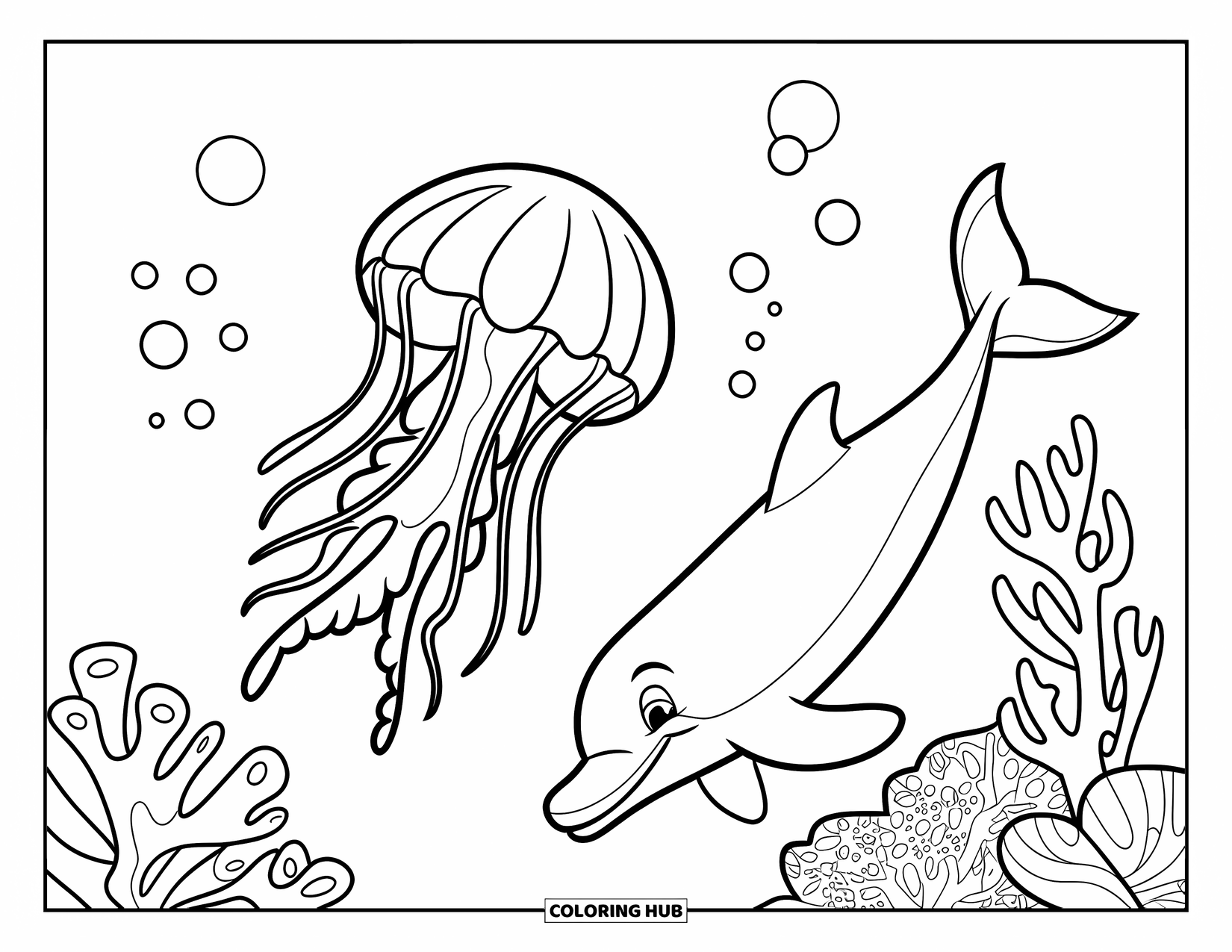 Desenho de água-viva para colorir para crianças: Uma água-viva flutua ao lado de um golfinho acima de um recife de coral com bolhas marinhas subindo