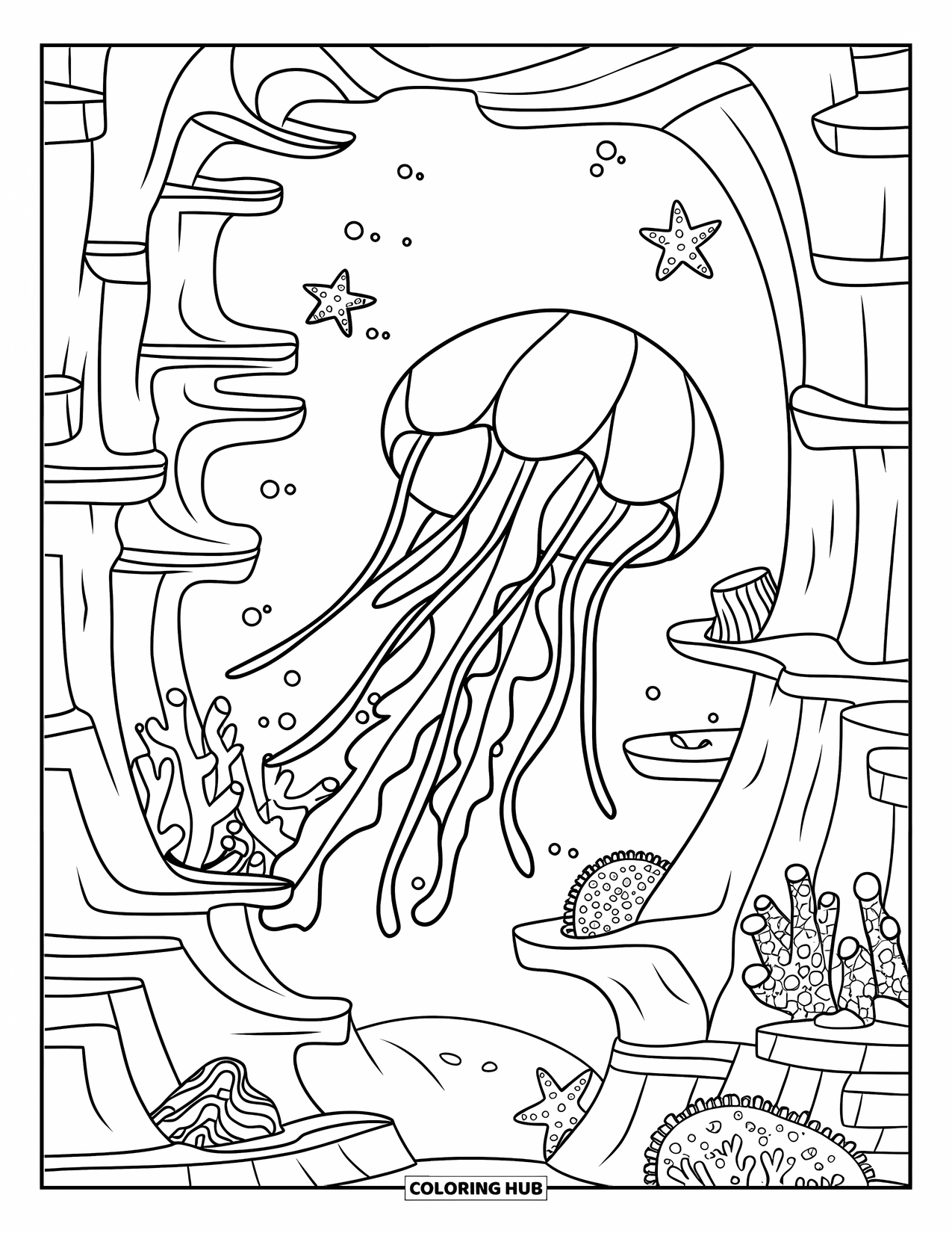 Desenho de água-viva para colorir para crianças: Uma água-viva flutua entre corais e estrelas-do-mar em um cânion subaquático profundo
