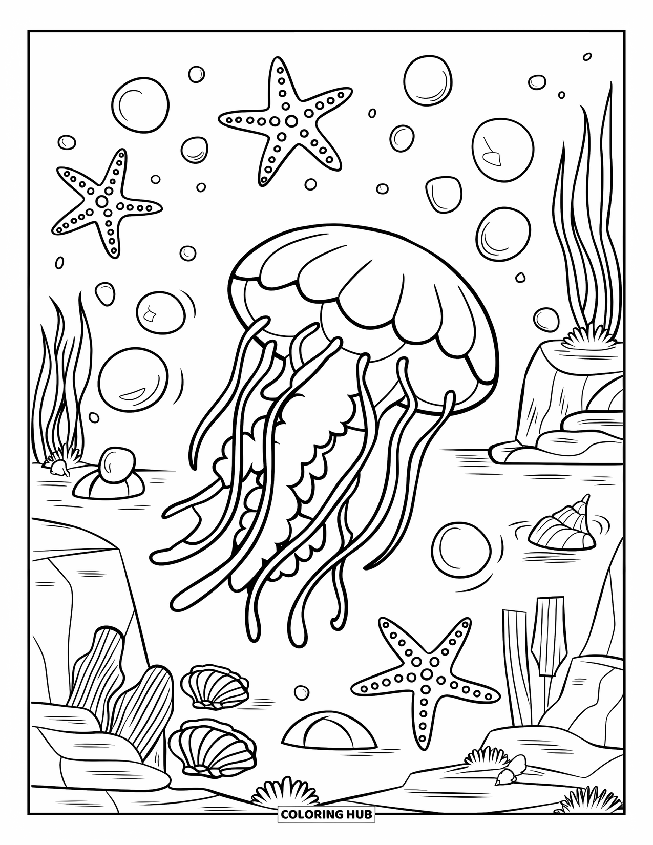 Desenho de água-viva para colorir para crianças: Uma água-viva flutua entre estrelas-do-mar, conchas e bolhas em uma cena oceânica envolvente