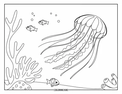 Quallen-Ausmalbild für Kinder: Eine Qualle schwebt neben einem Korallenriff, während im Hintergrund ruhige Fische schwimmen