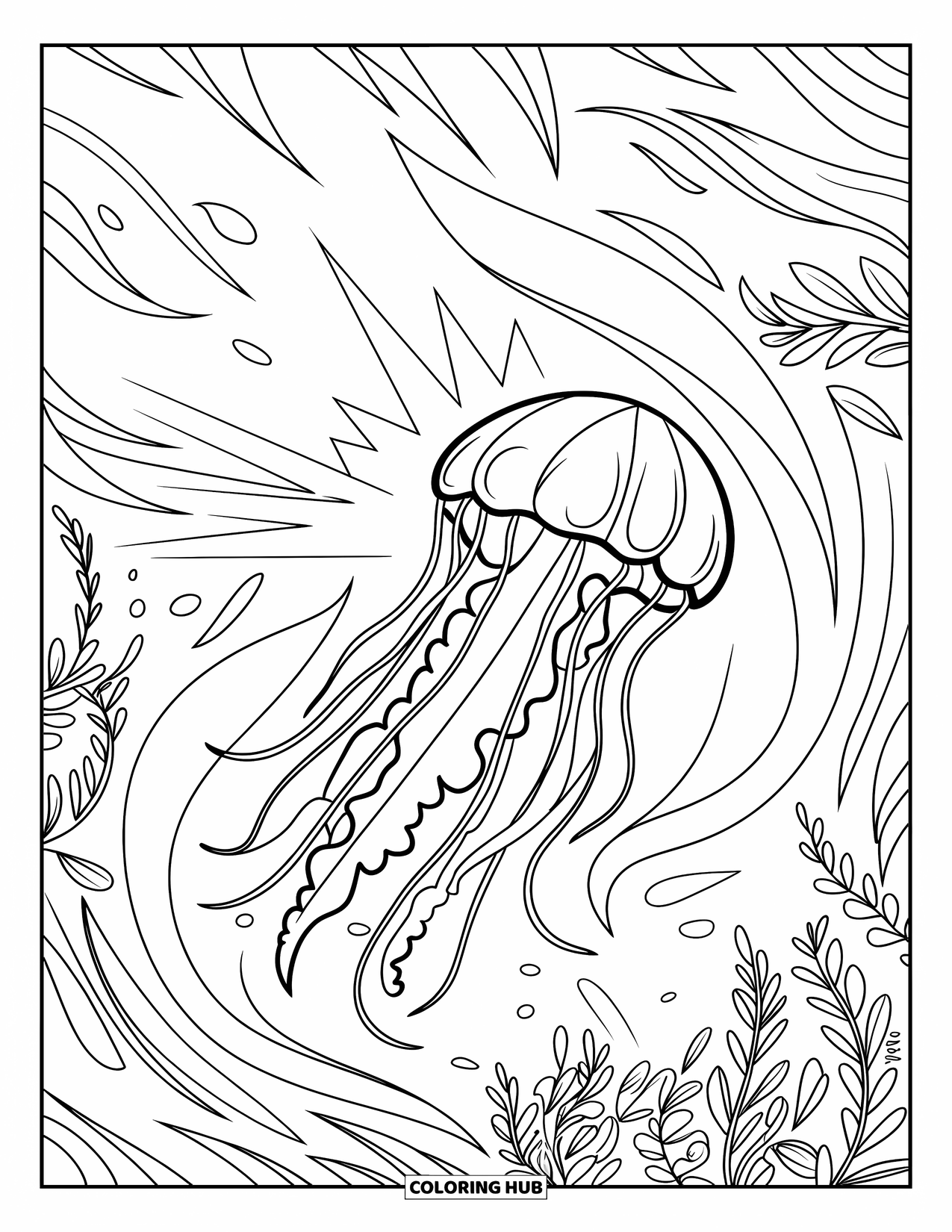 Desenho de água-viva para colorir para crianças: Uma água-viva flutua em correntes variáveis, com feixes de luz e algas marinhas emoldurando a cena