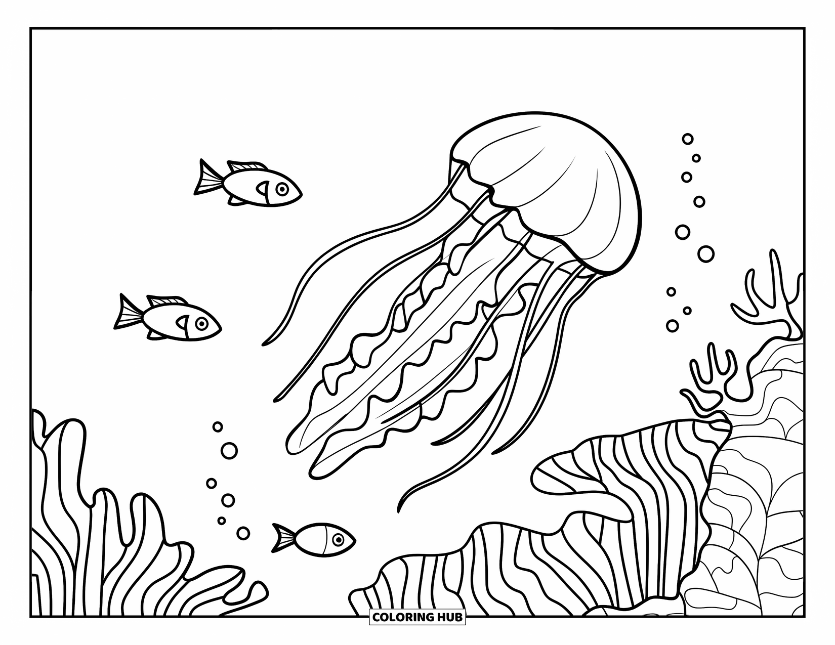 Desenho de água-viva para colorir para crianças: Uma água-viva desliza graciosamente perto de um recife de coral, cercada por alguns peixes nadando