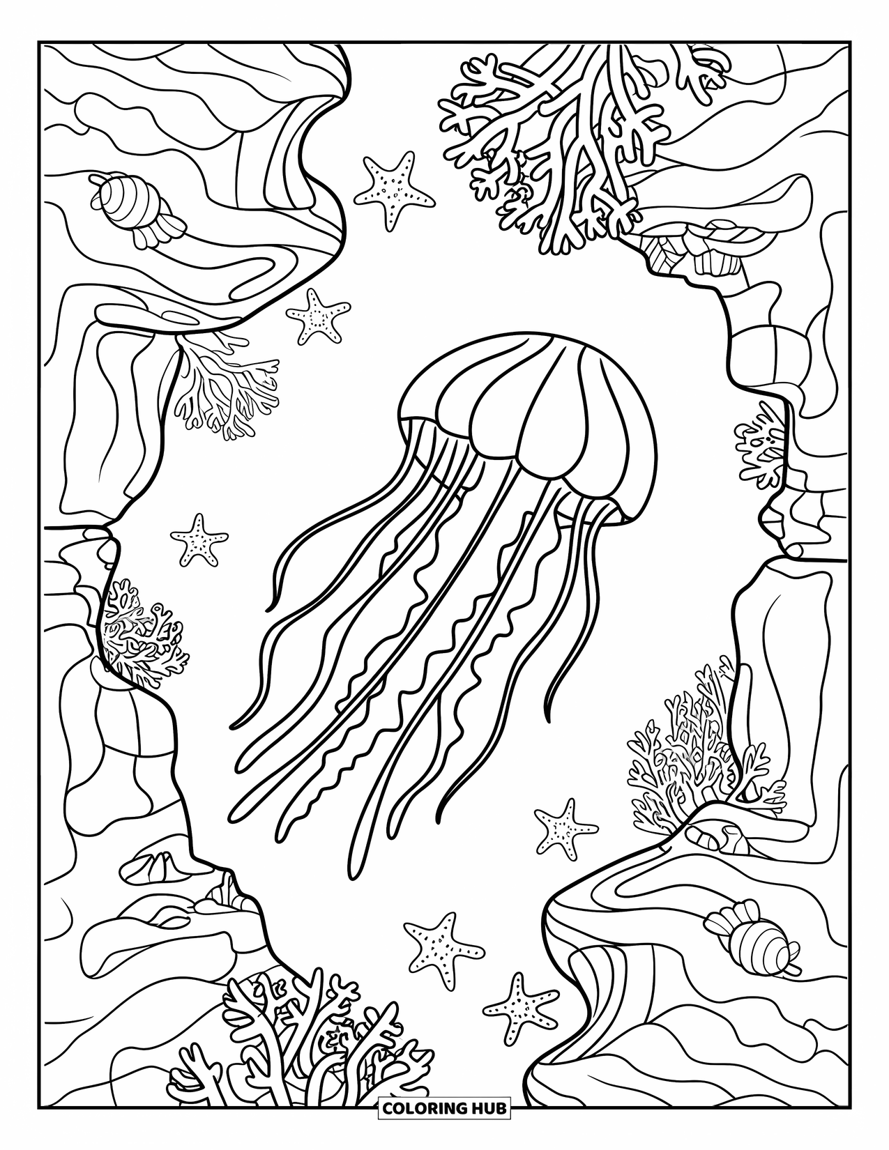 Desenho de água-viva para colorir para crianças: Uma água-viva desliza por um cânion cheio de formações de corais e pequena vida marinha