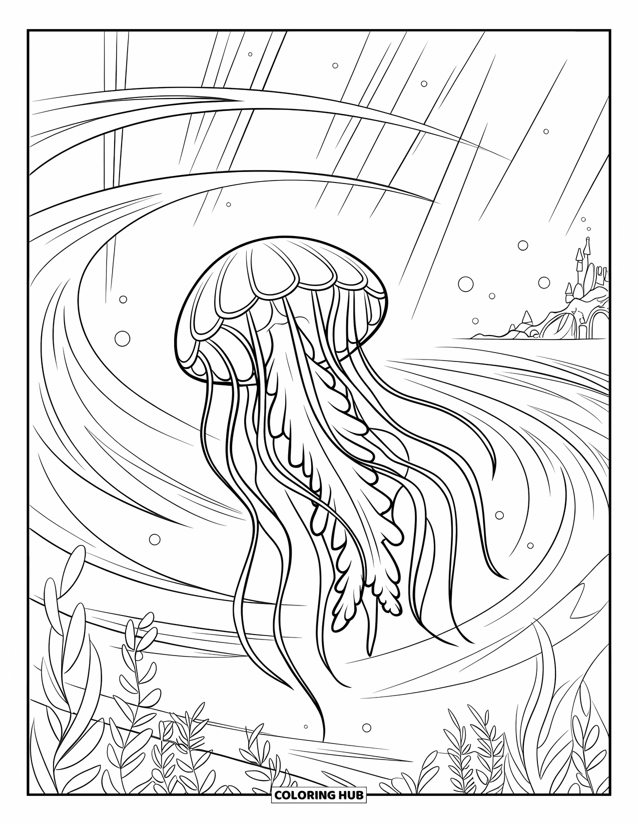 Desenho de água-viva para colorir para crianças: Uma água-viva desliza através de águas ondulantes, com a luz do sol filtrando o oceano